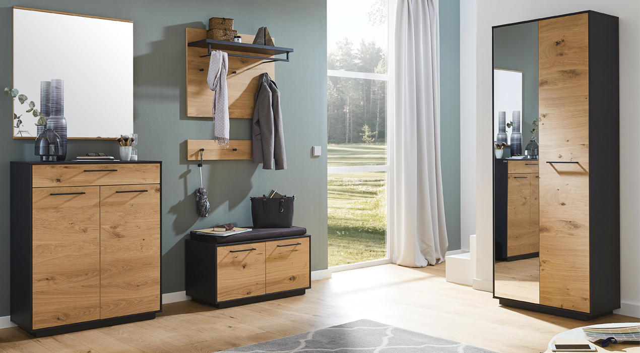 Flurmöbel „Garderobenserie Savona“ mit Holzschrank, Garderobe, Spiegelschrank und hell-dunklem Design