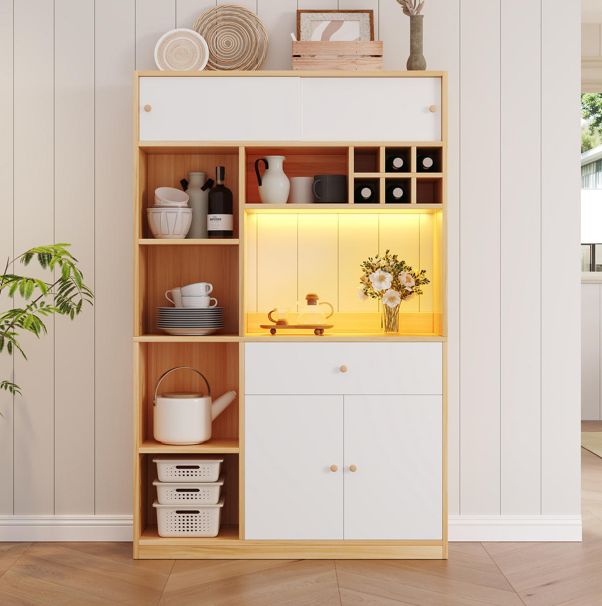 KUHINJSKI ormar od iverice 115x35x180 cm bijela i prirodna s LED rasvjetom, ladicom, trojim vratima i otvorenim policama - bijela, drvni materijal (115/180/35cm) - Modfu