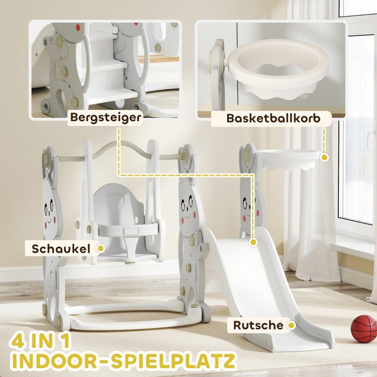 KINDERRUTSCHE 4-in-1 mit Schaukel und Basketballkorb für 1,5–4 Jahre Grau - Grau, Kunststoff (147.5/107/160cm) - Korfee