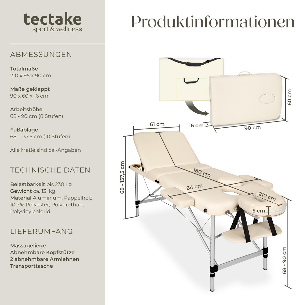MASSAGELIEGE 3 Zonen, 210 x 95 x 90 cm,beige - Beige, Metall (61/68/180cm) - tectake
