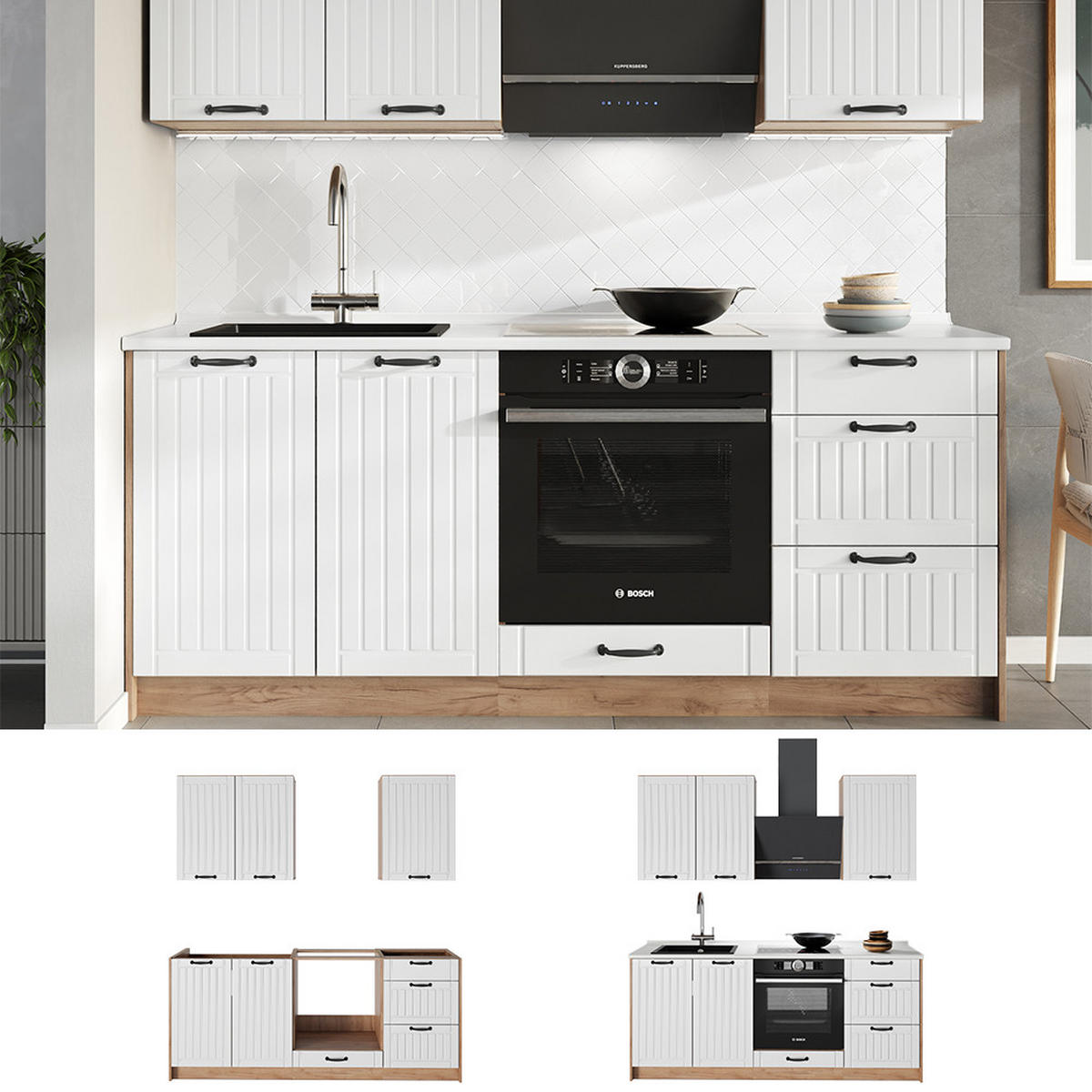 SAMOSTATNÁ KUCHYŇA Fame-Line, Biely vidiecky dom/Dub Goldkraft, 190 cm, AP Marble - biela/dub medový, kompozitné drevo (190/82/60cm) - Vicco