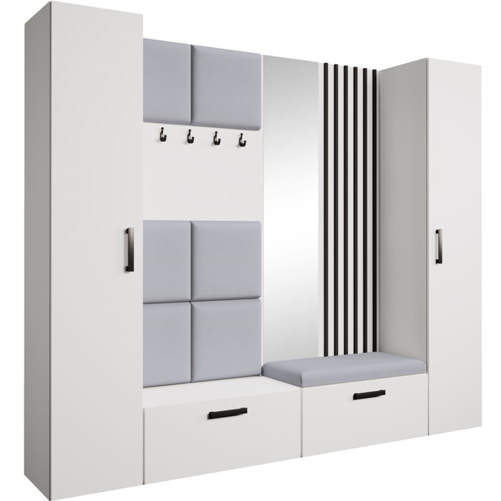 GARDEROBE Margaret XL 242/203/43 mit gepolsterten Paneelen/Lamellen/Spiegel - Schwarz/Weiß, Holzwerkstoff/Kunststoff (242/203/43cm) - Beautysofa