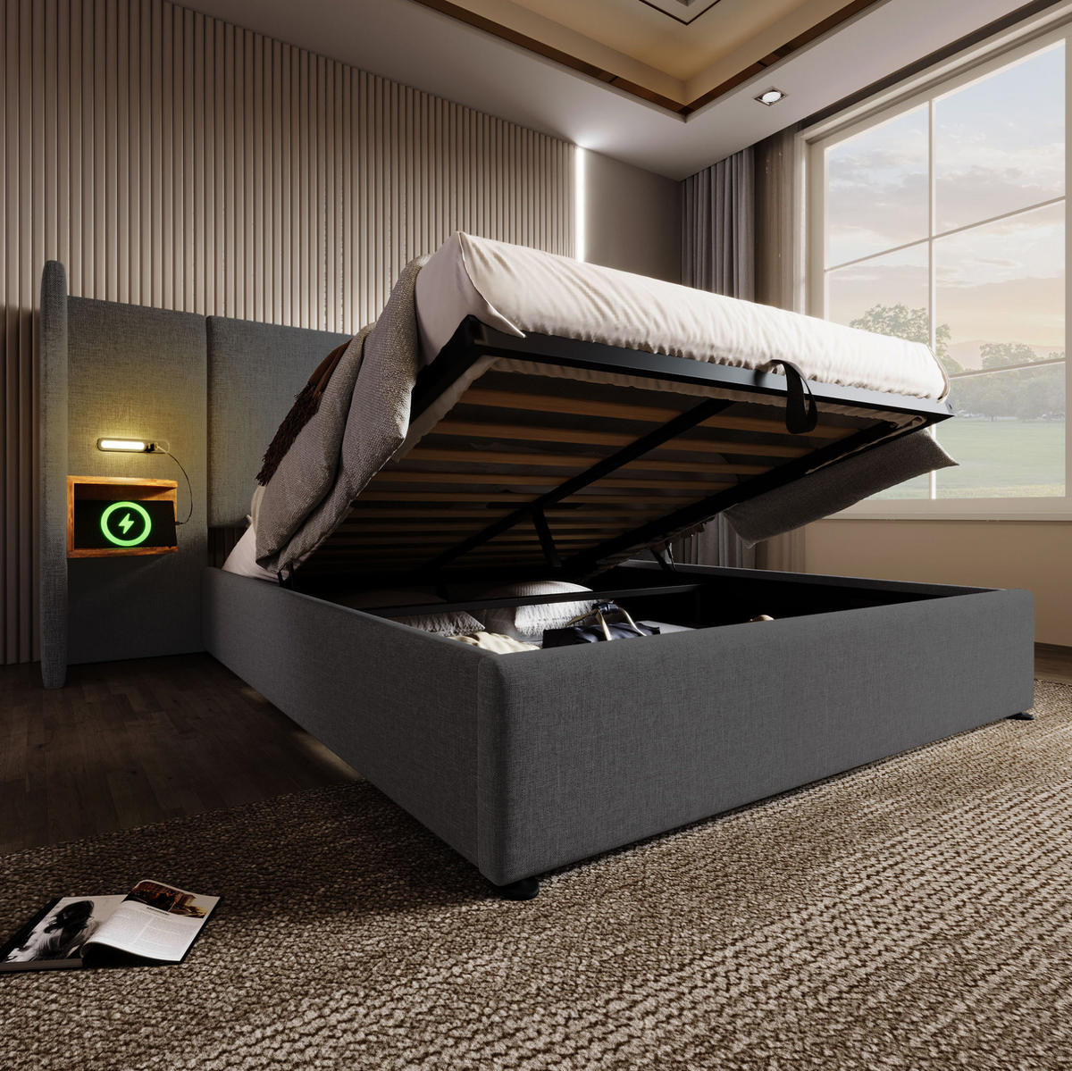 POLSTERBETT 160/200 cm aus Leinen mit Leselampe, USB- und Type-C-Anschluss sowie hydraulischem Stauraum, und Matratze,Grau - Grau, Textil (160/200cm) - Redom