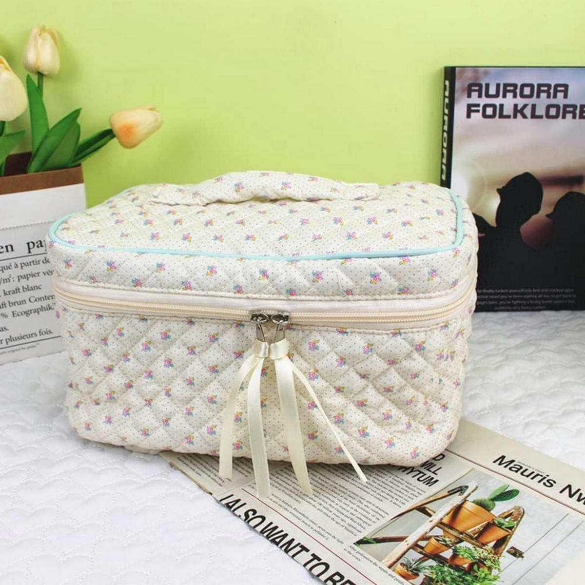 KULTURTASCHE Damen Beige Blumenmuster Baumwolle Flip-Cover - Multicolor, Textil (16/16/27cm)