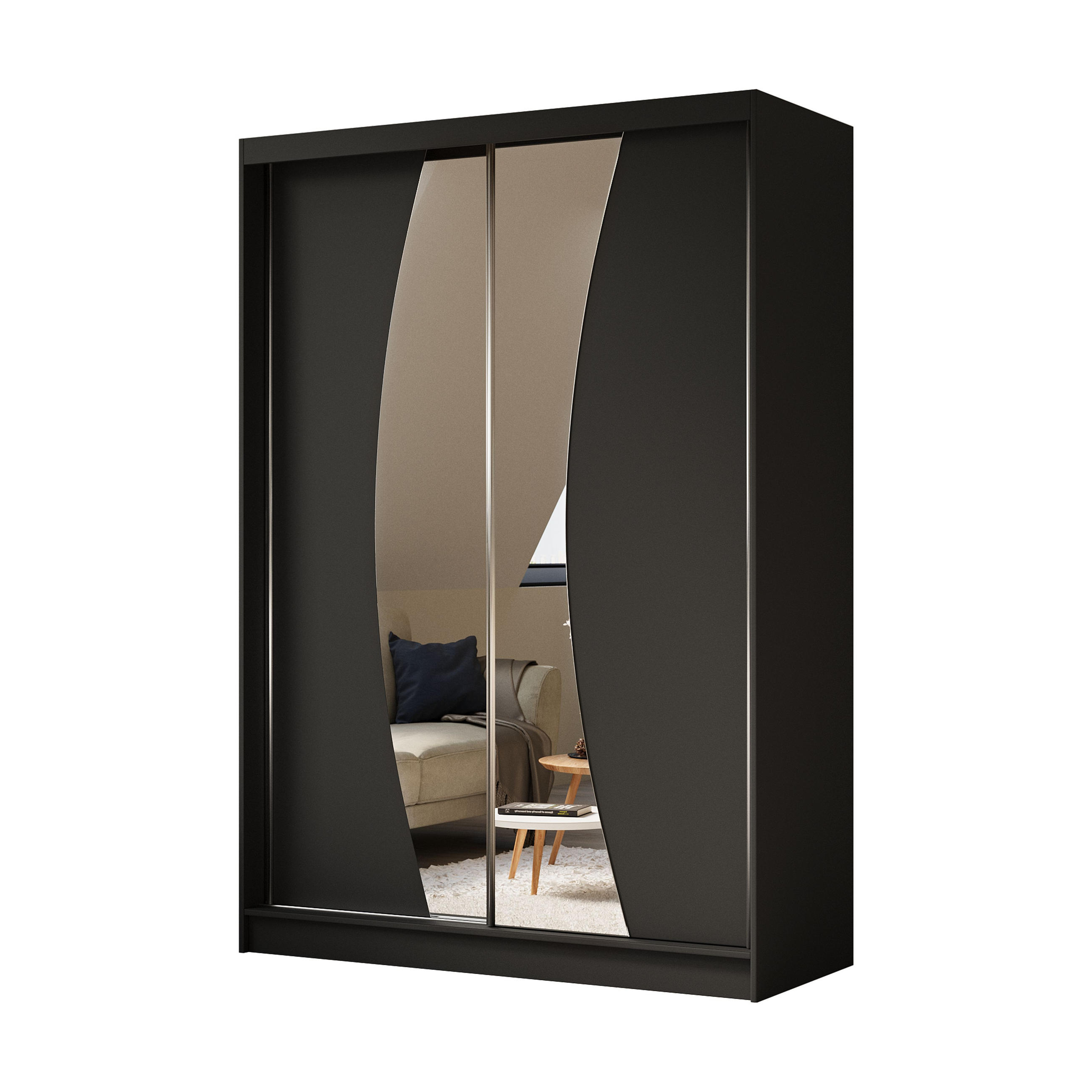 SCHWEBETÜRENSCHRANK VOCE 150/216/61 cm 2-türig mit Spiegel Schwarz - Schwarz, Holzwerkstoff (150/216/61cm) - MASSENO