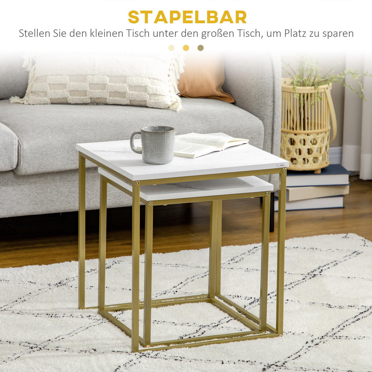 METALL-COUCHTISCH-SET, Spanplatte - Goldfarben/Weiß, Metall (45/45/50cm) - HOMCOM