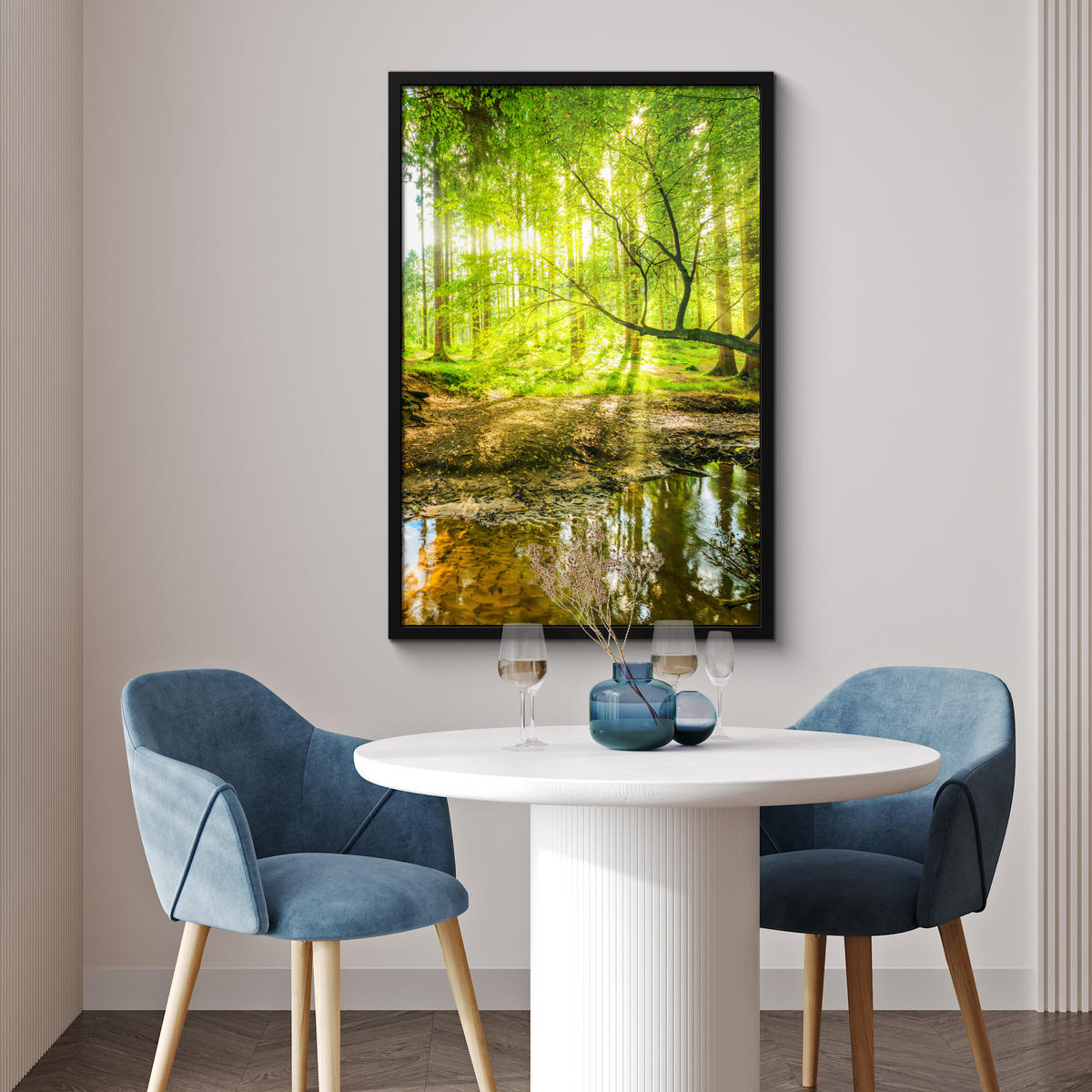 POSTER MIT RAHMENGERAHMTES BILD Wald - Landschaft - Wasser - Bäume - Sonne - Grün - Natur 60x90 cm - Grün, Papier (60/90cm) - MuchoWow