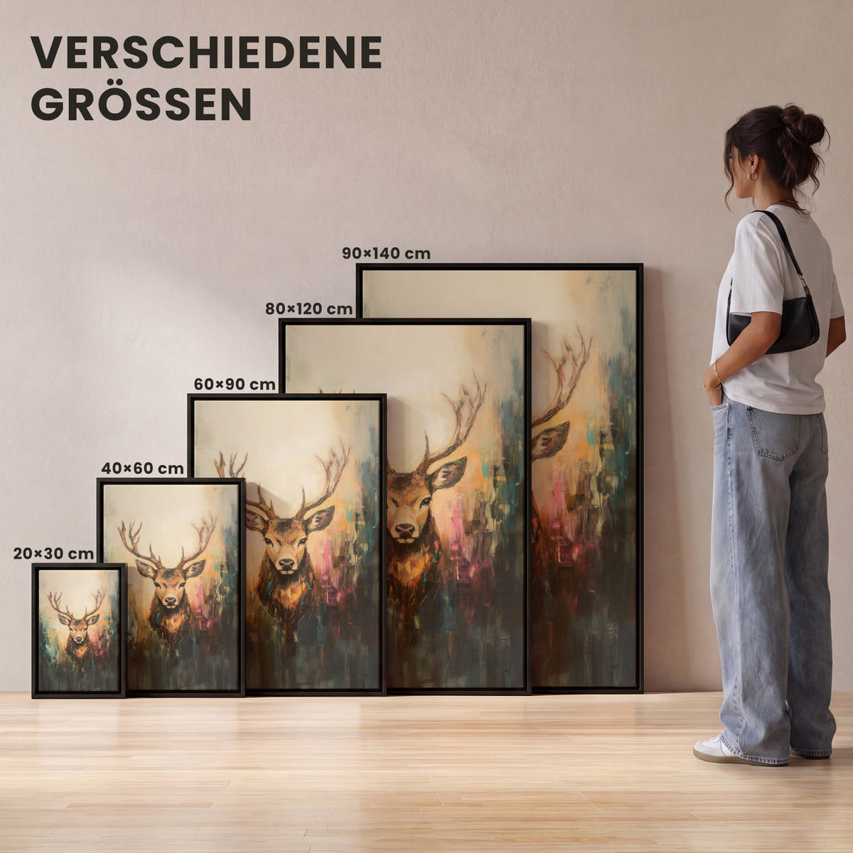LEINWAND Bilder mit Rahmen - Hirsch - Gemalt - Geweih - Braun - 100x150 - Haselnussfarben, Textil (100/150cm) - MuchoWow