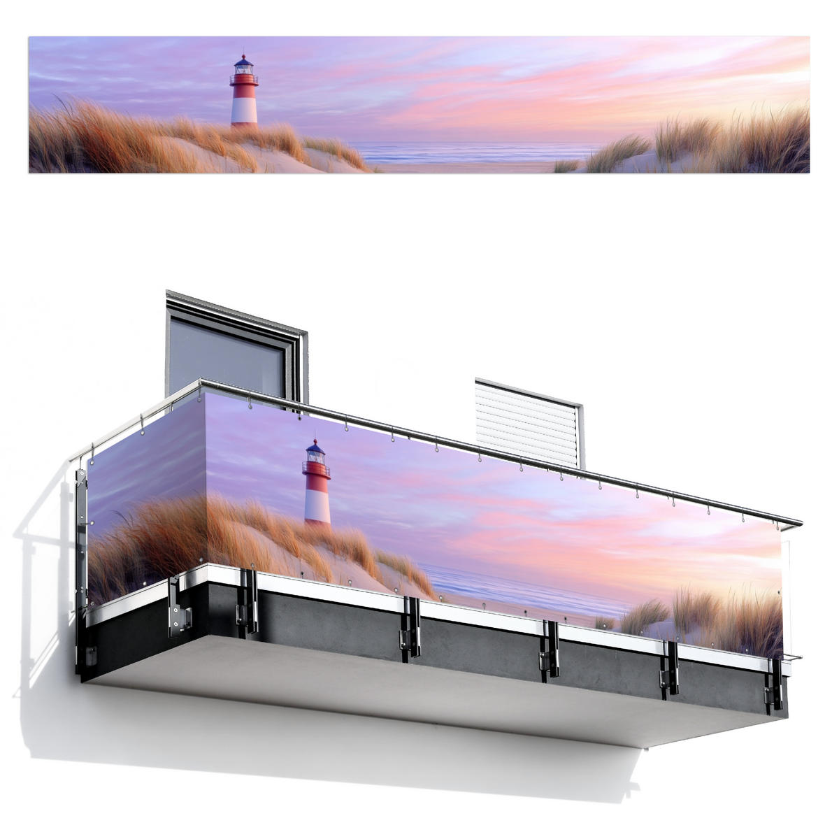 BALKON-SICHTSCHUTZ Leuchtturm - Dünen - Sonnenuntergang 500x90 cm - Hellrosa, Kunststoff (500/90cm) - MuchoWow