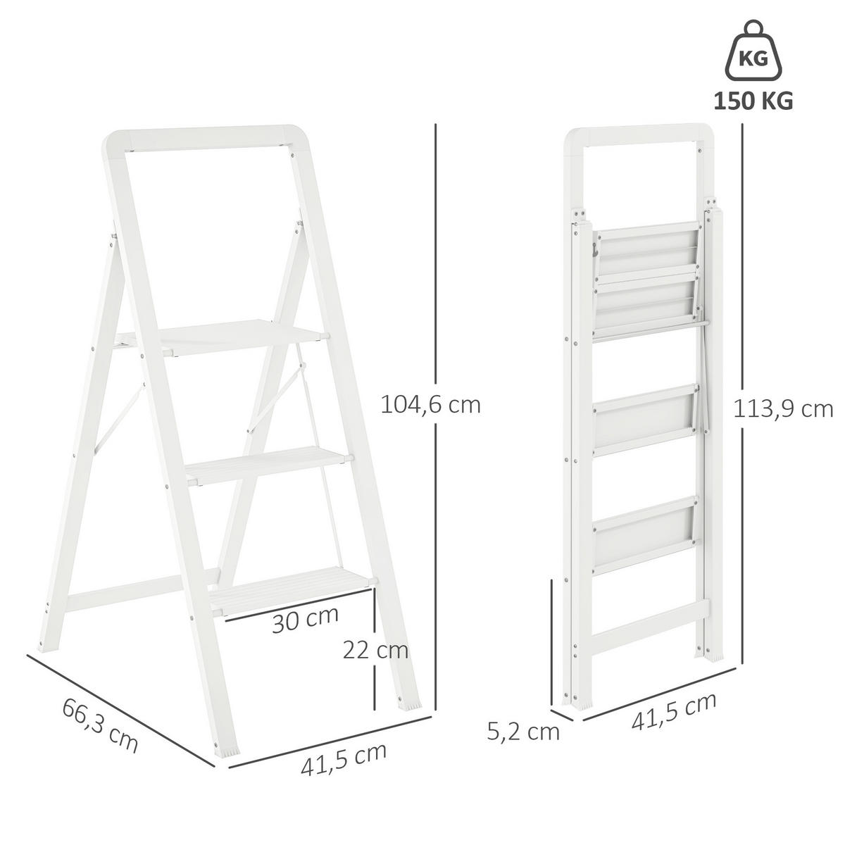 TRITTLEITER Stehleiter mit 3 Stufen Leichtbau Aluminum-Leiter 66,3 x 41,5 x 104,6 cm Weiß - Weiß, Metall (41.5/66.3/104.6cm) - HOMCOM