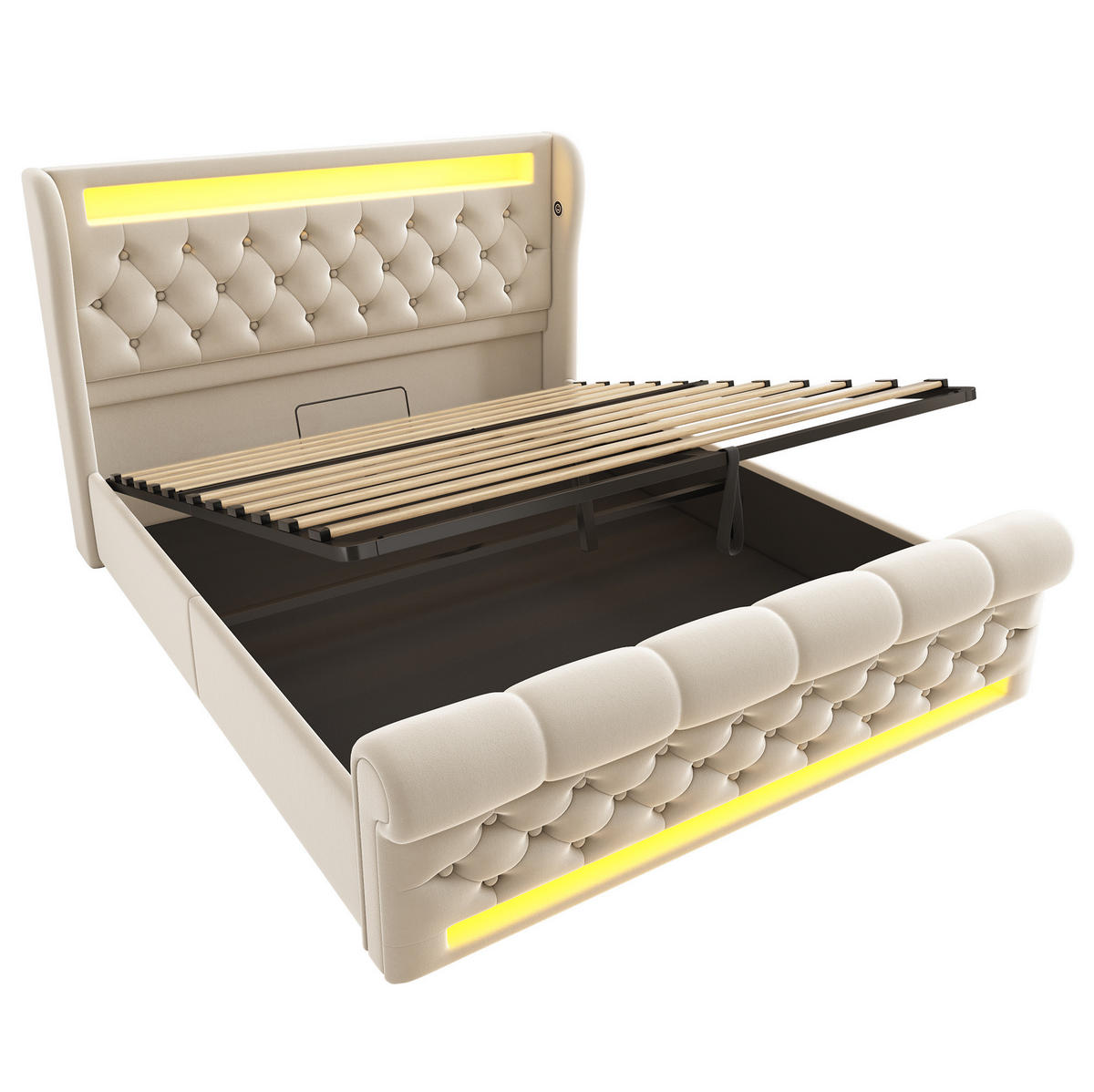 POLSTERBETT aus Samt 160x200 cm in Beige mit LED & Matratze - Beige, Textil (160/200cm) - Modfu