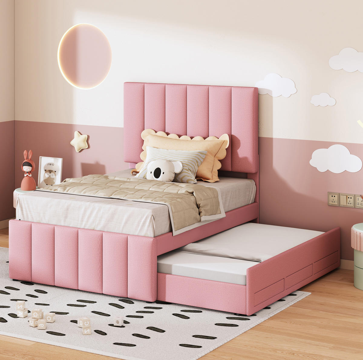 POLSTERBETT 90/200 cm mit Ausziehbett, 3 Schubladen und höhenverstellbarem Kopfteil, Leinenbezug, Rosa - Pink, Textil (90/200cm) - Redom