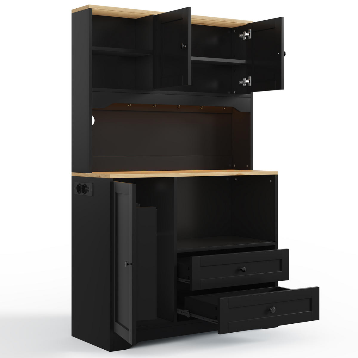 BUFFET DE-38741 100/40/163 cm LED-Beleuchtung und Mikrowellenfach Schwarz - Schwarz, Holzwerkstoff (100/163/40cm) - ComfortXL