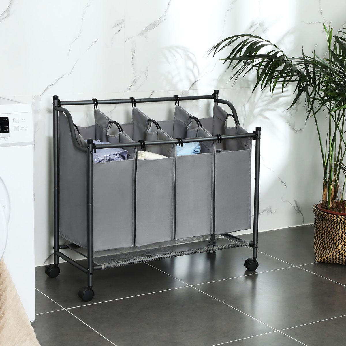 WÄSCHESAMMLER mit 4 abnehmbaren Taschen Grau auf Rollen - L87,5 cm - Grau, Metall (81/38.5/87.5cm) - Calicosy