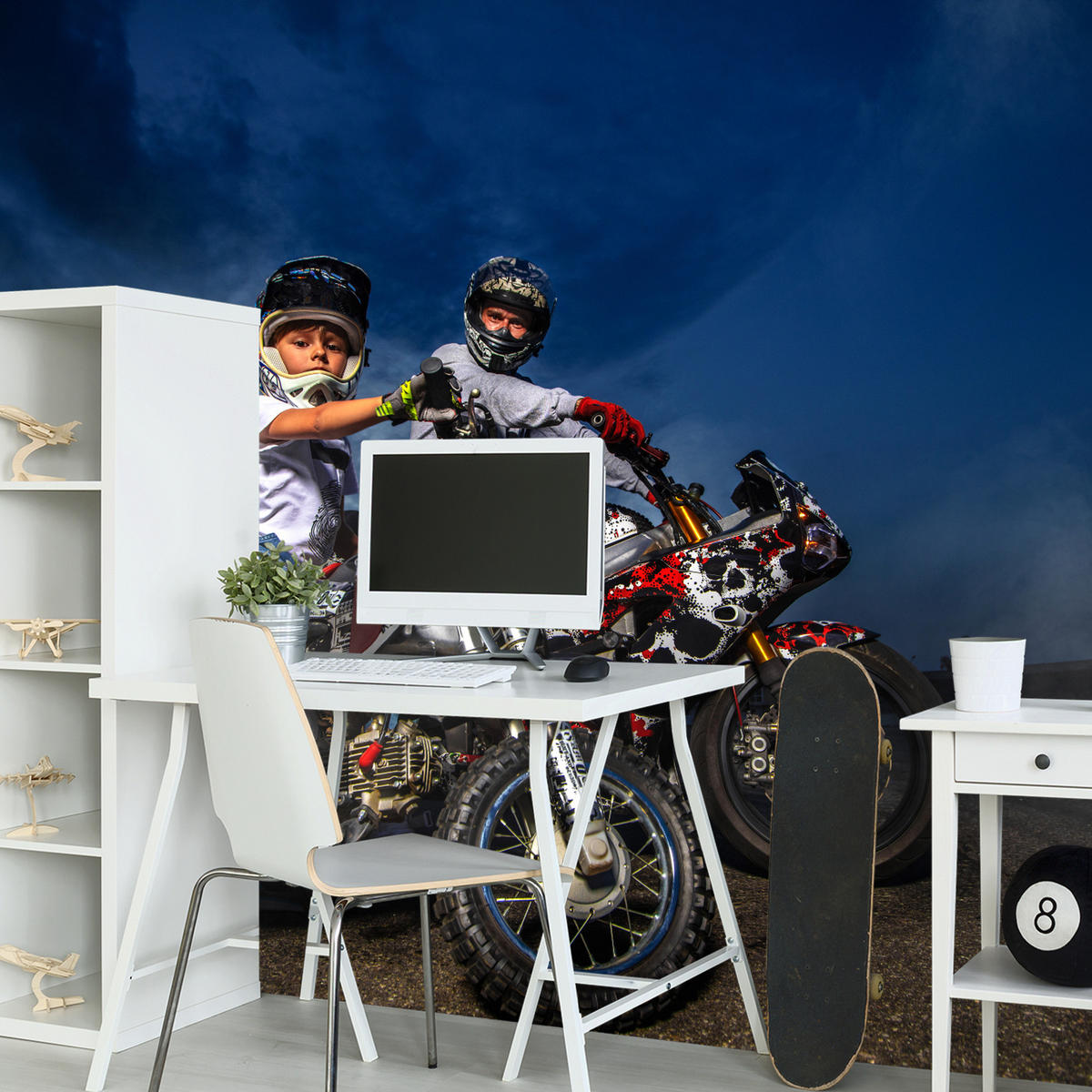 FOTOTAPETE für Schlafzimmer Vater Sohn Motorräder Action 450x315 - Rot/Schwarz, Papier (450/315cm) - Muralo