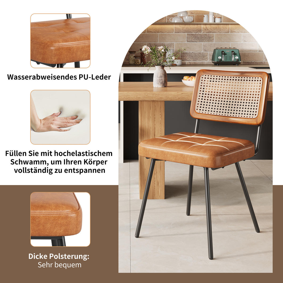 ESSZIMMERSTÜHLE 2er-Set PU-Leder & Rattan Braun - Braun, Leder/Holzwerkstoff (61/79/46cm) - Urban Meuble