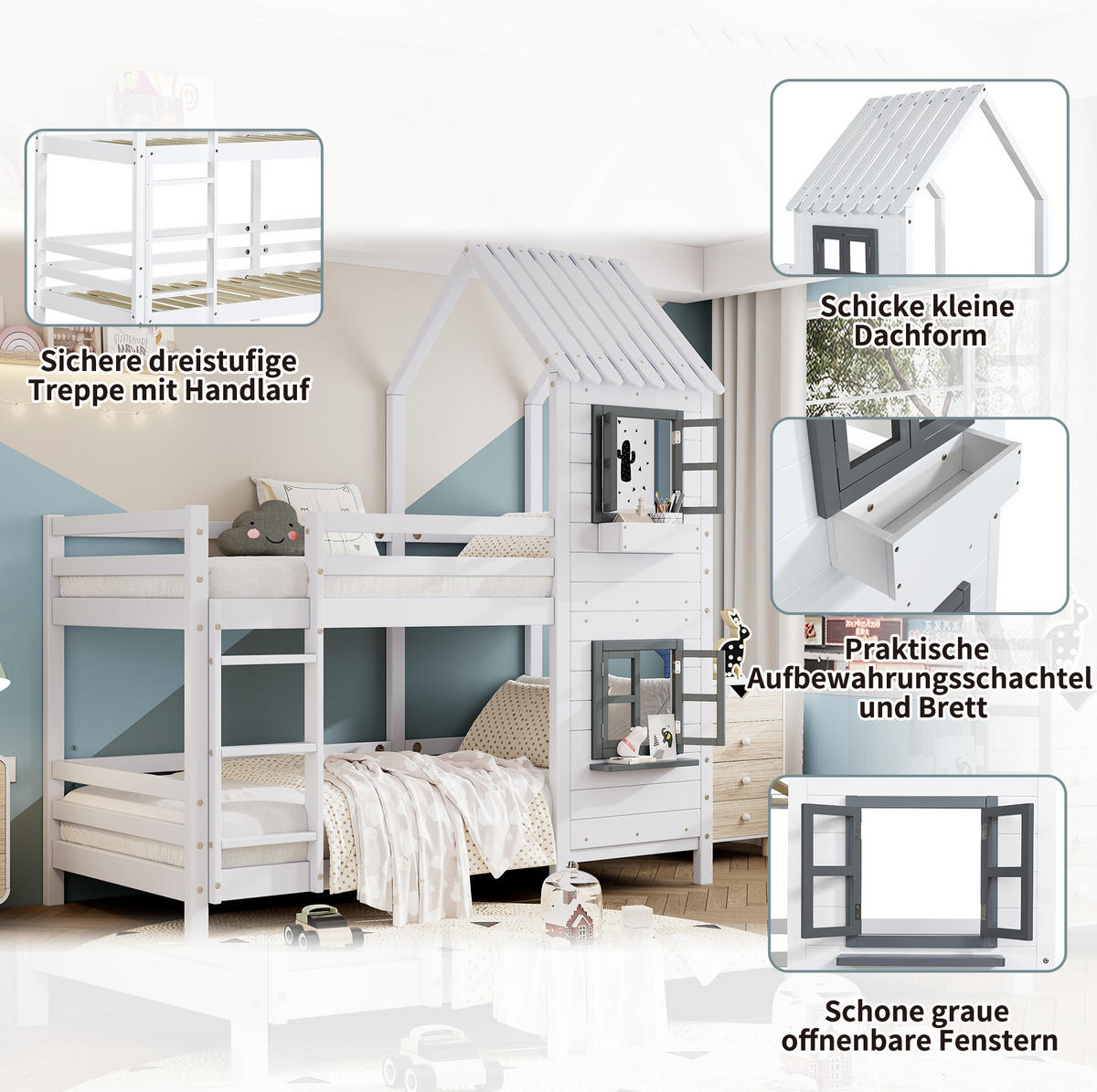 ETAGENBETT 90/200 cm mit Fenster, Handlauf und Hausdach aus Kiefernholz und MDF, Weiß/Grau - Weiß, Holzwerkstoff (90/200cm) - Redom