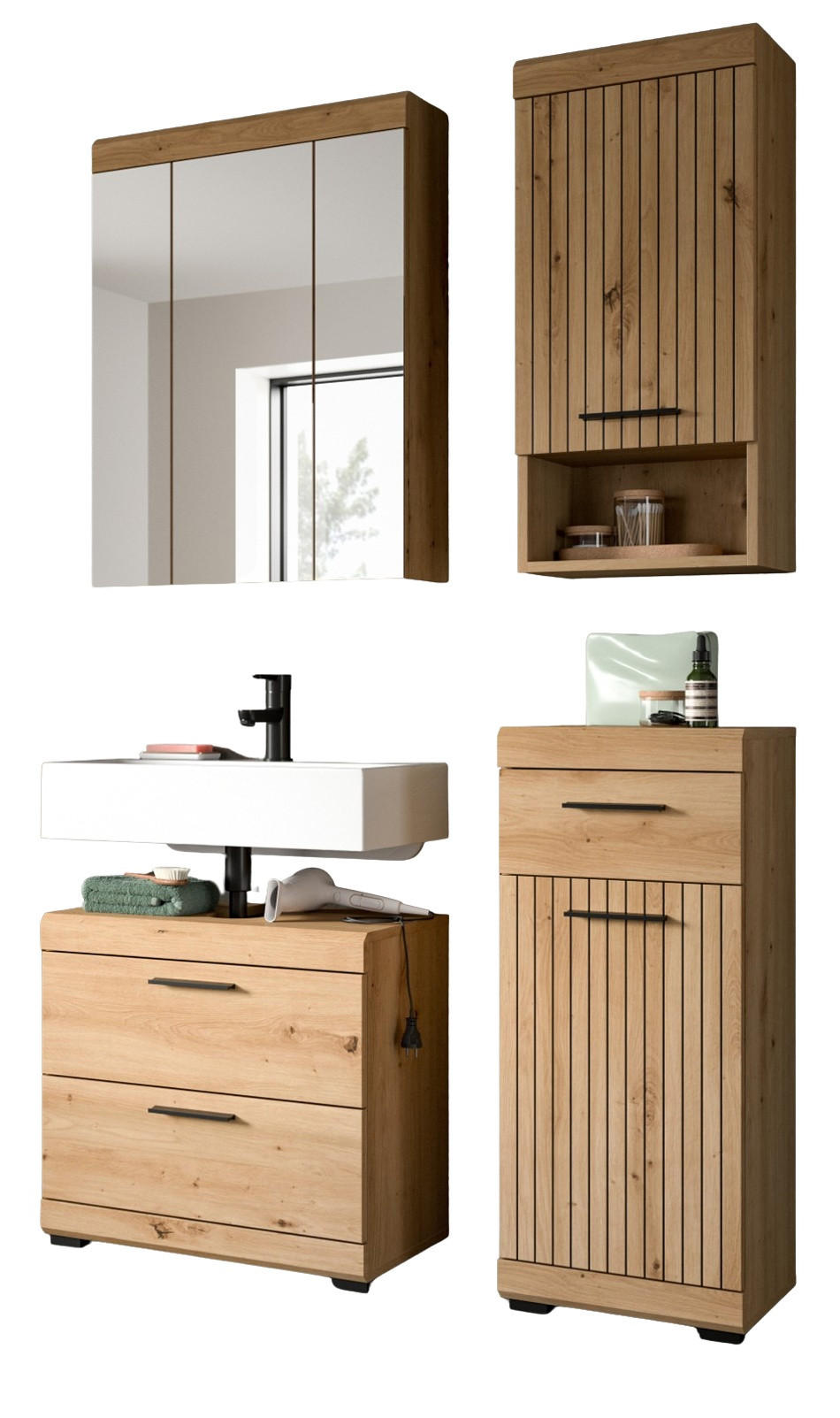BADMÖBEL-SET Eiche Artisan 112 x 191 cm 4-teilig, Badkombination modernes Design - Schwarz/Eiche Artisan, Glas/Holzwerkstoff (112/191/34cm) - Inn.Furn