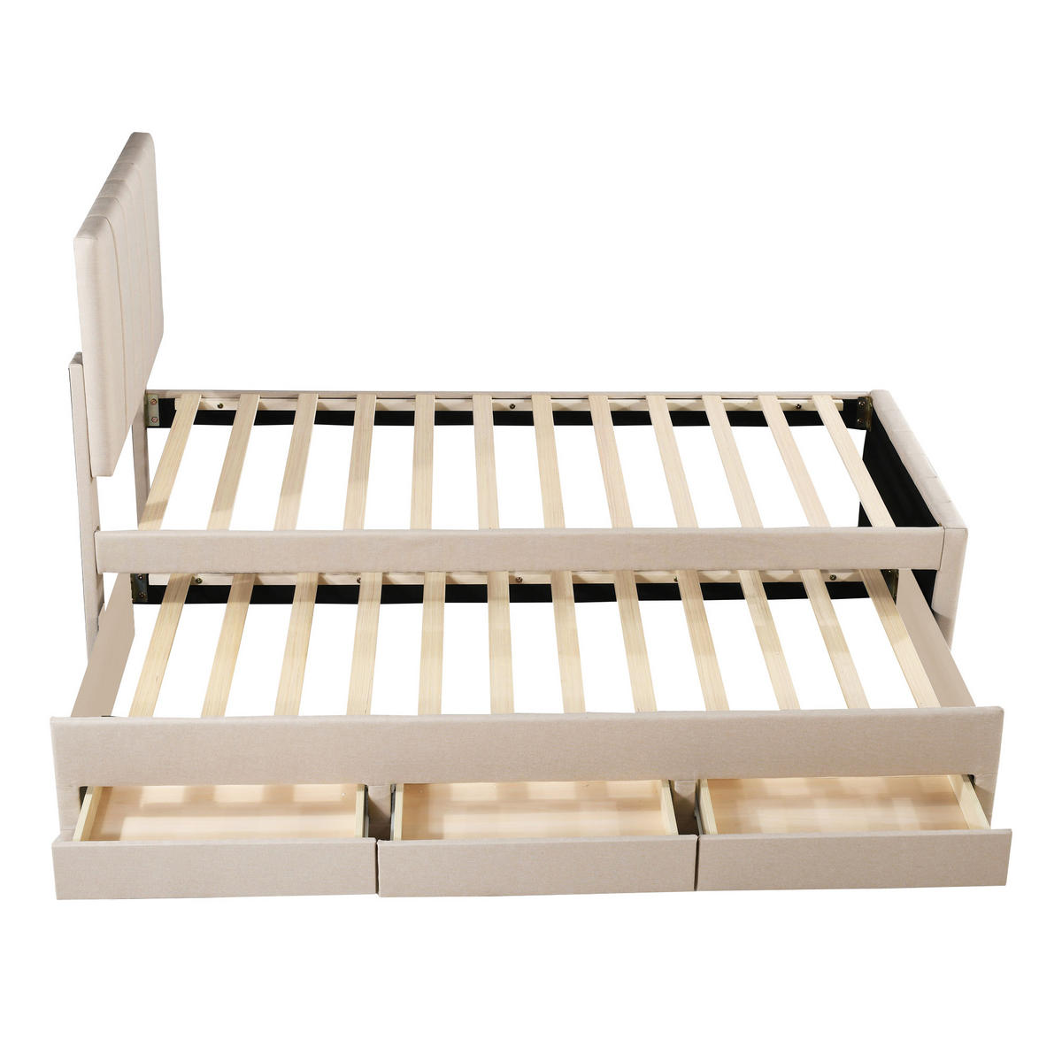 POLSTERBETT 90/200 cm Beige mit Ausziehbett und 3 Schubladen höhenverstellbares Kopfteil - Beige, Textil (90/200cm) - OKWISH