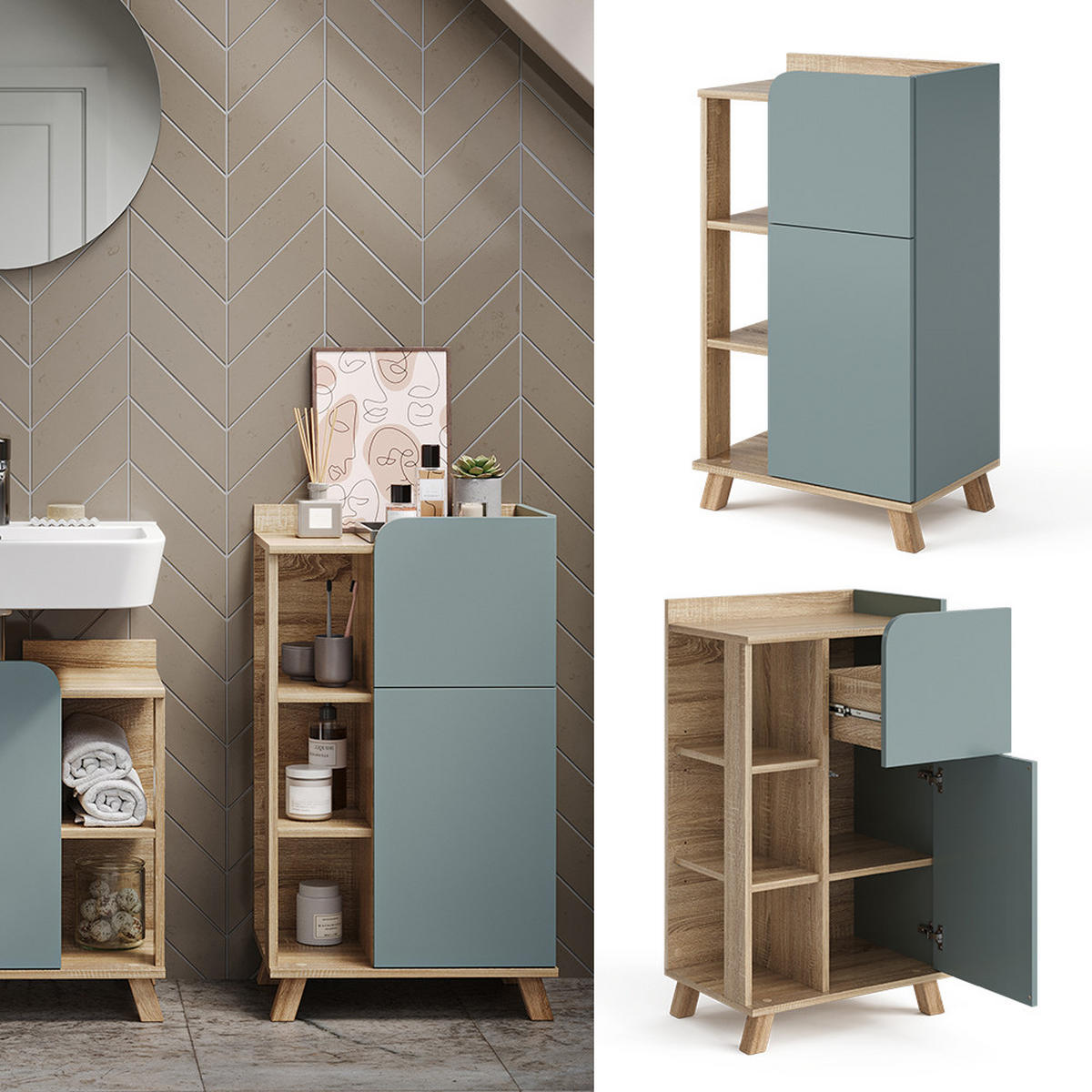 UNTERSCHRANK Karen Blau-Grau 50 x 90 cm mit Tür und Schublade - Dunkelblau/Sonoma Eiche, Holzwerkstoff (50/90/35cm) - Vicco