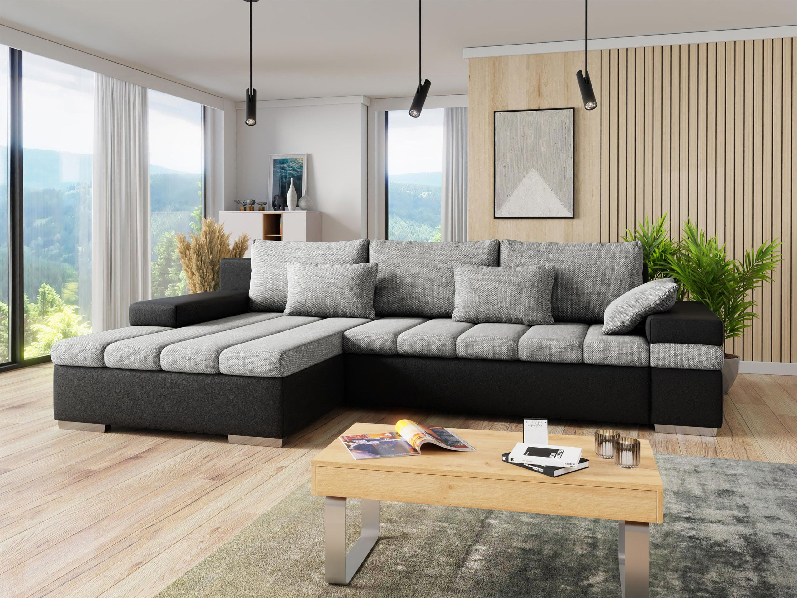 ECKSOFA Bangkok, Seite: Links - Silberfarben/Hellgrau, Holz/Textil (310/175cm) - MIRJAN24