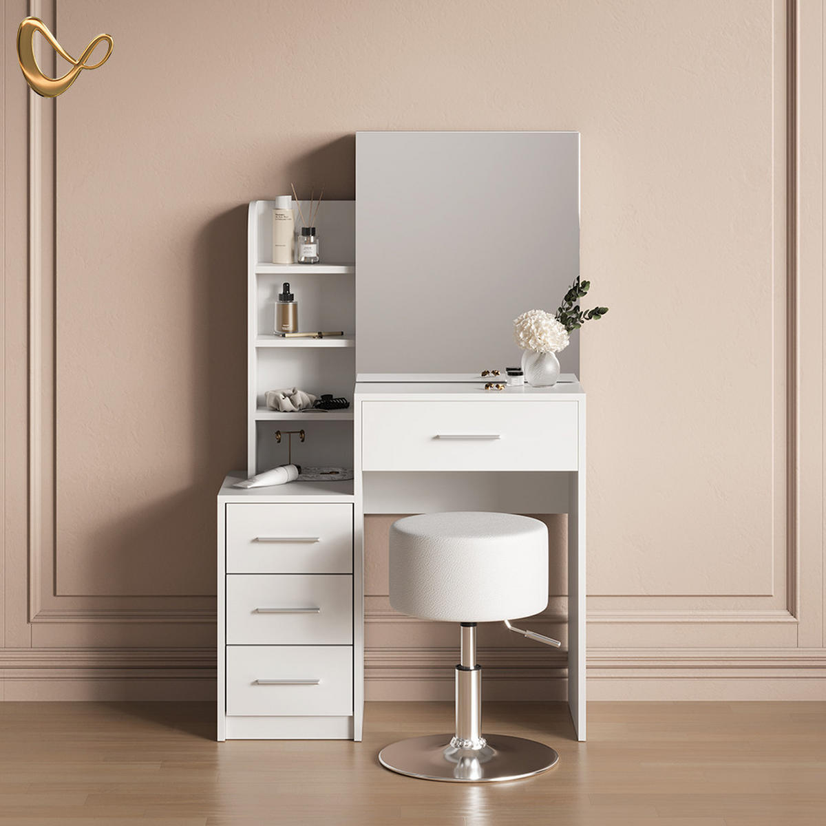 SCHMINKTISCH Loreta Weiß 80 cm mit Hocker - Weiß, Holzwerkstoff (80/131.6/36cm) - Livinity®