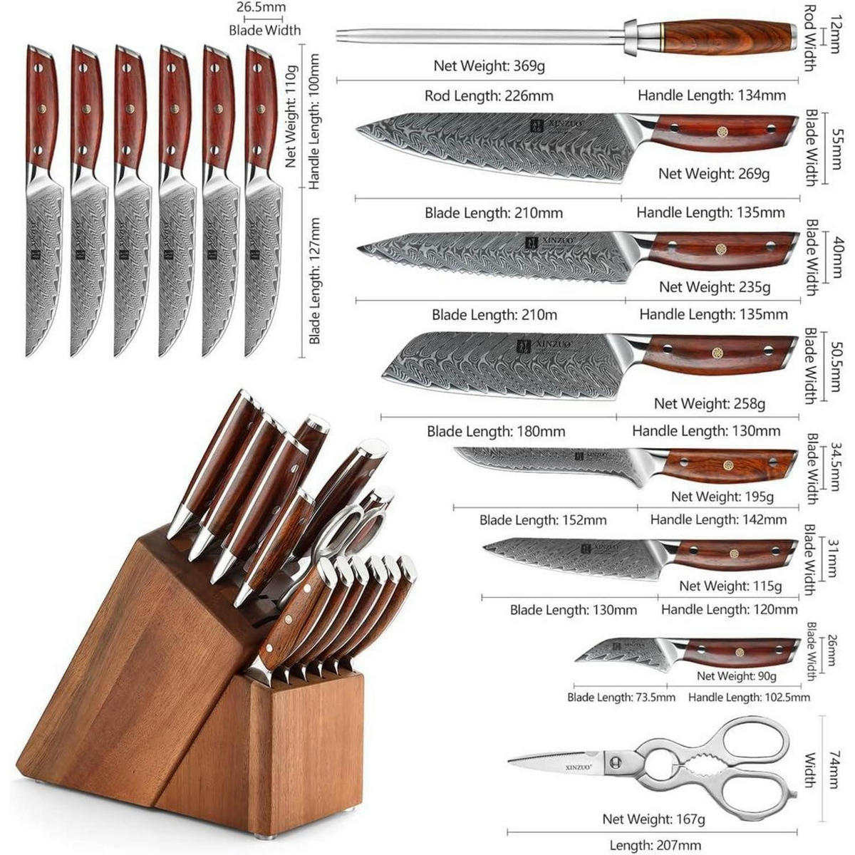 KÜCHENMESSER Set 15-teilig mit Messerblock Akazienholz - Braun, Holz (20/31/40cm)