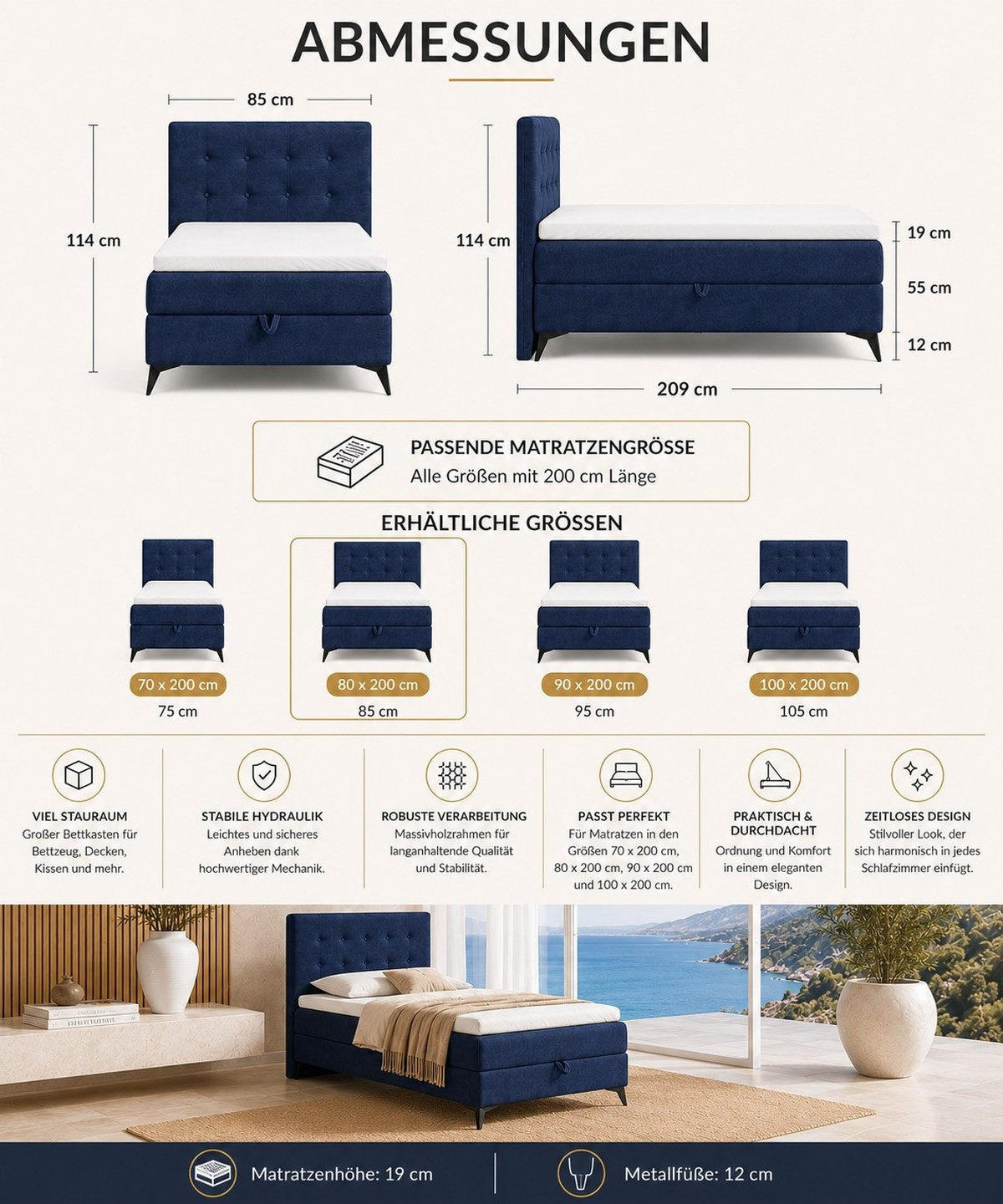 BOXBETT K15 Single SLIM mit Bettkasten & Bonell-Federkern ohne Topper - Dunkelblau, Holz/Textil (200/80cm) - Best For Home