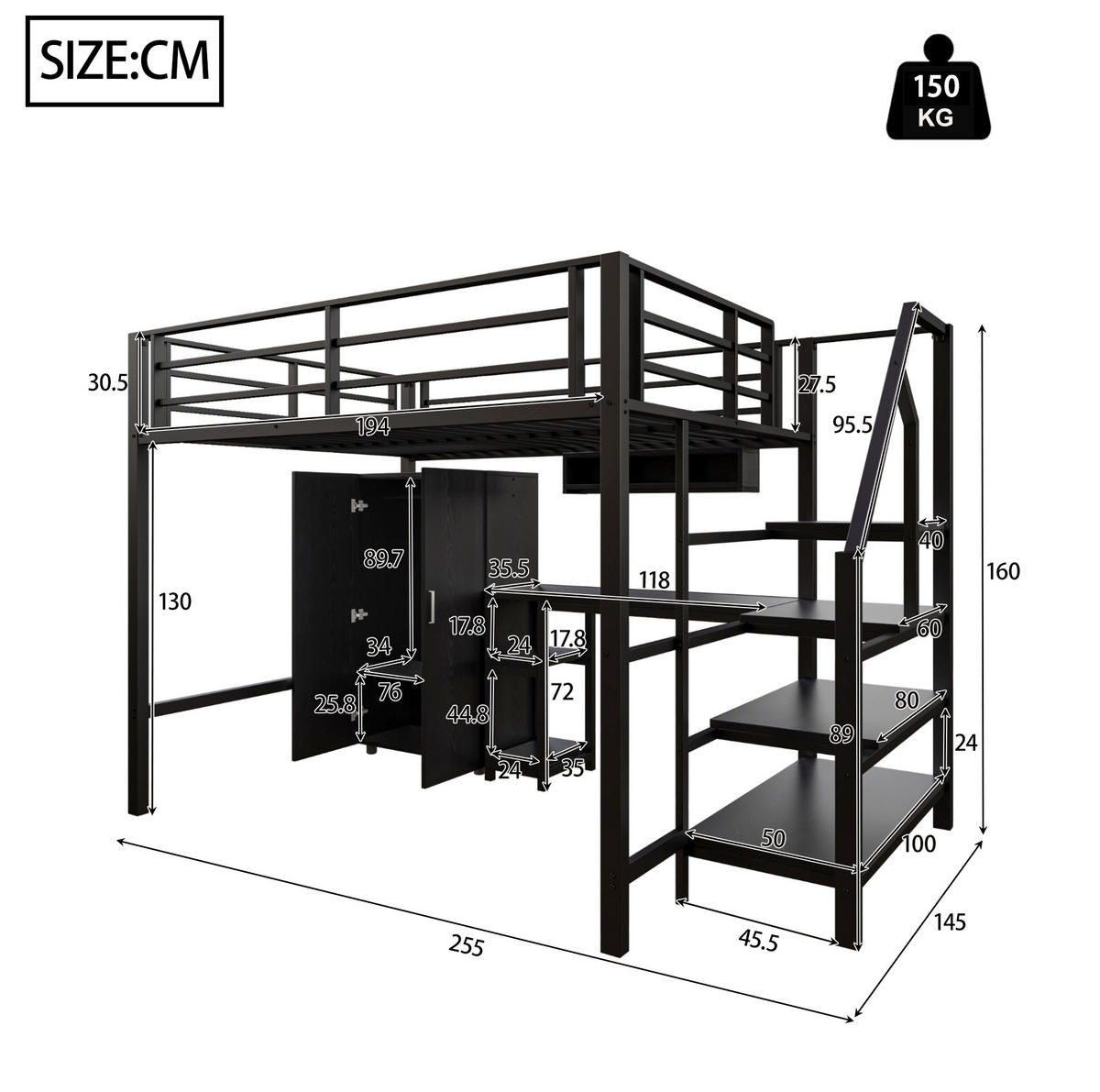 HOCHBETT aus Metall und MDF 140x200 cm Schwarz mit Kleiderschrank, Regalen und Schreibtisch - Schwarz, Metall (140/200cm) - IVMEU