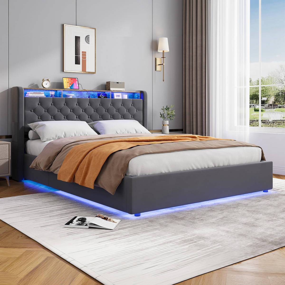 POLSTERBETT 160/200 cm in Grau, mit Bettkasten, LED und USB, ohne Matratze - Grau, Holzwerkstoff/Textil (160/200cm) - WISHDOR