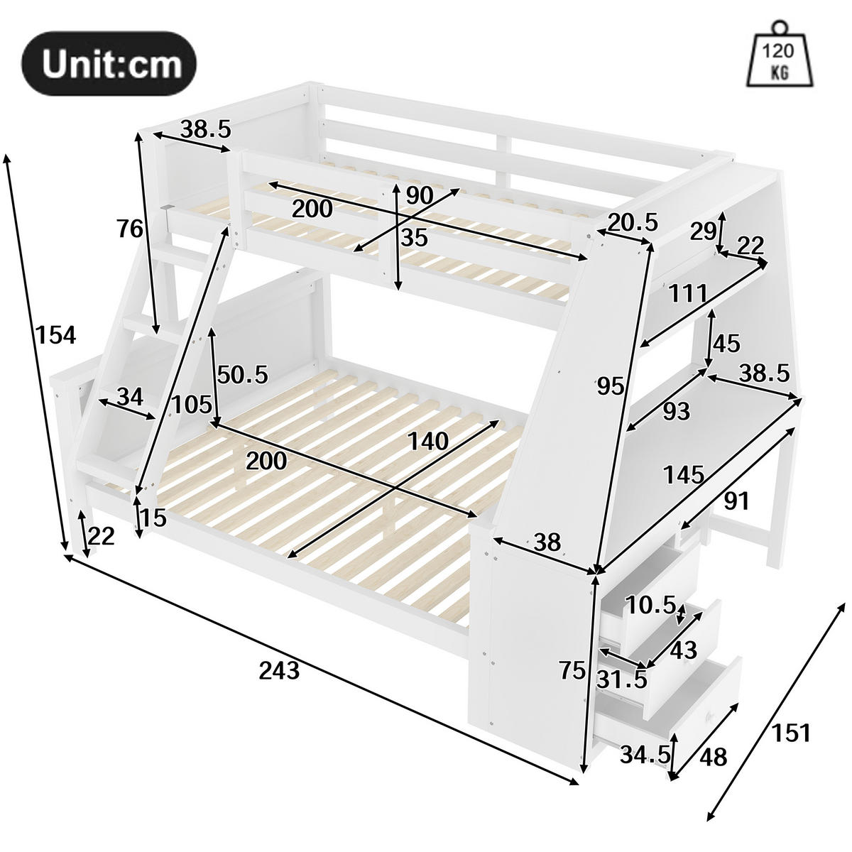 ETAGENBETT 90/200 cm + 140/200 cm Weiß mit Tisch und großem Stauraum - Weiß, Holz (90/200cm) - OKWISH