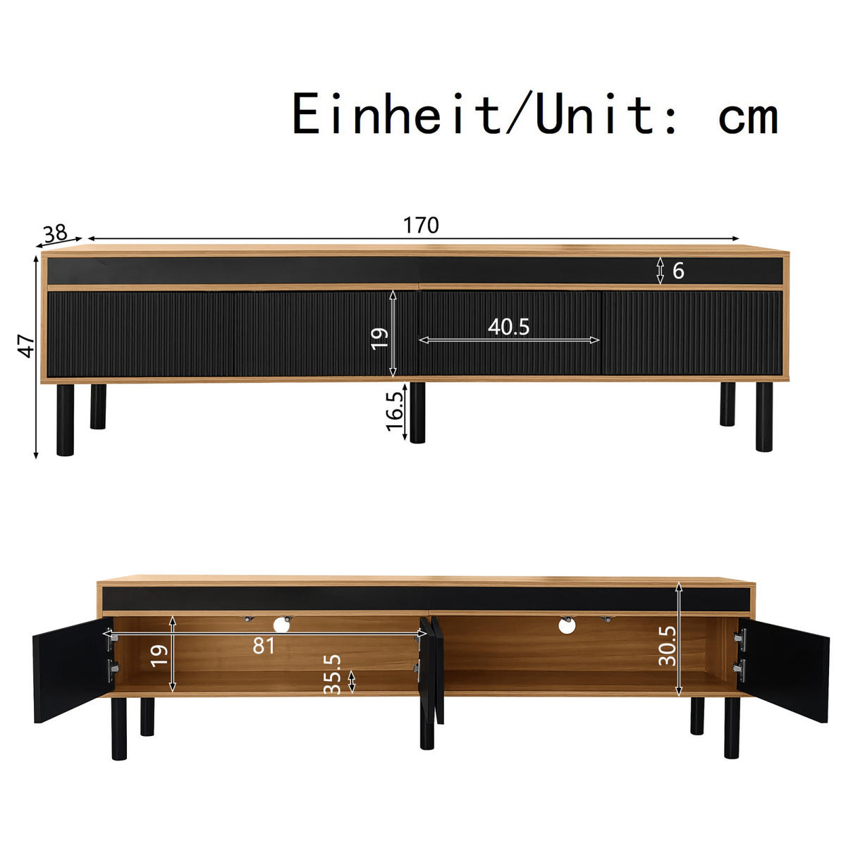 TV Lowboard 170x38x47,7 cm, 4 Türen, Schwarz Natur - Schwarz, Holz (170/47/38cm)