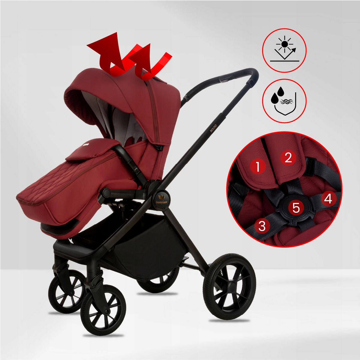 KINDERWAGEN Boldo 3in1 Brownie Babywanne, Buggy Sportsitz, Babyschale I-Size - Weinrot/Schwarz, Textil/Metall (58/98cm) - BabyLux