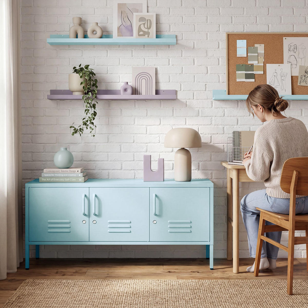 SIDEBOARD Baker, Kippschutz, höhenverstellbare Füße, grau/blau - Blau/Grau, Metall (120/55.5/37.5cm) - tectake