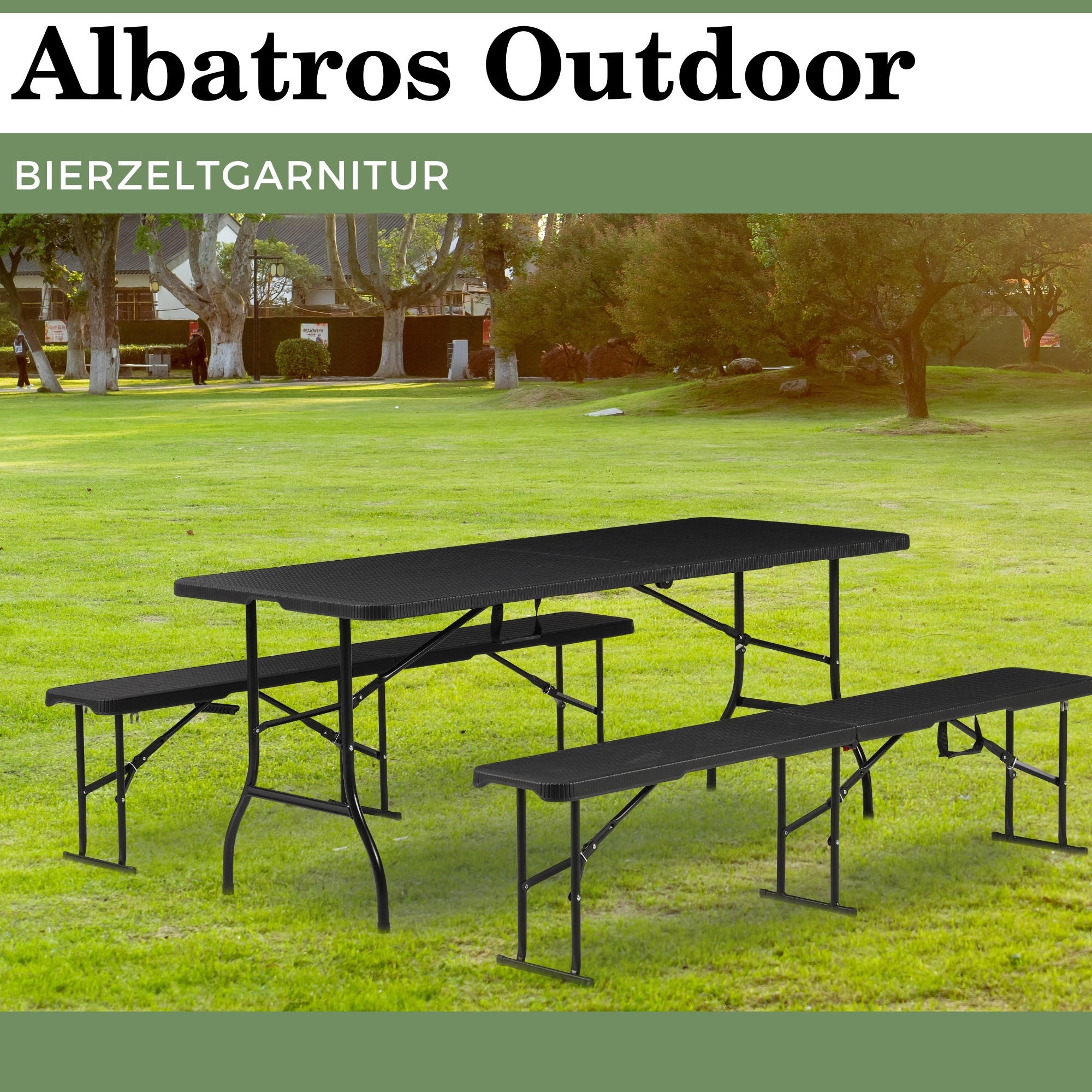 BIERZELTGARNITUR Rattan 2 Bänke, 1 Tisch - Schwarz, Metall (182/182/75cm) - Albatros