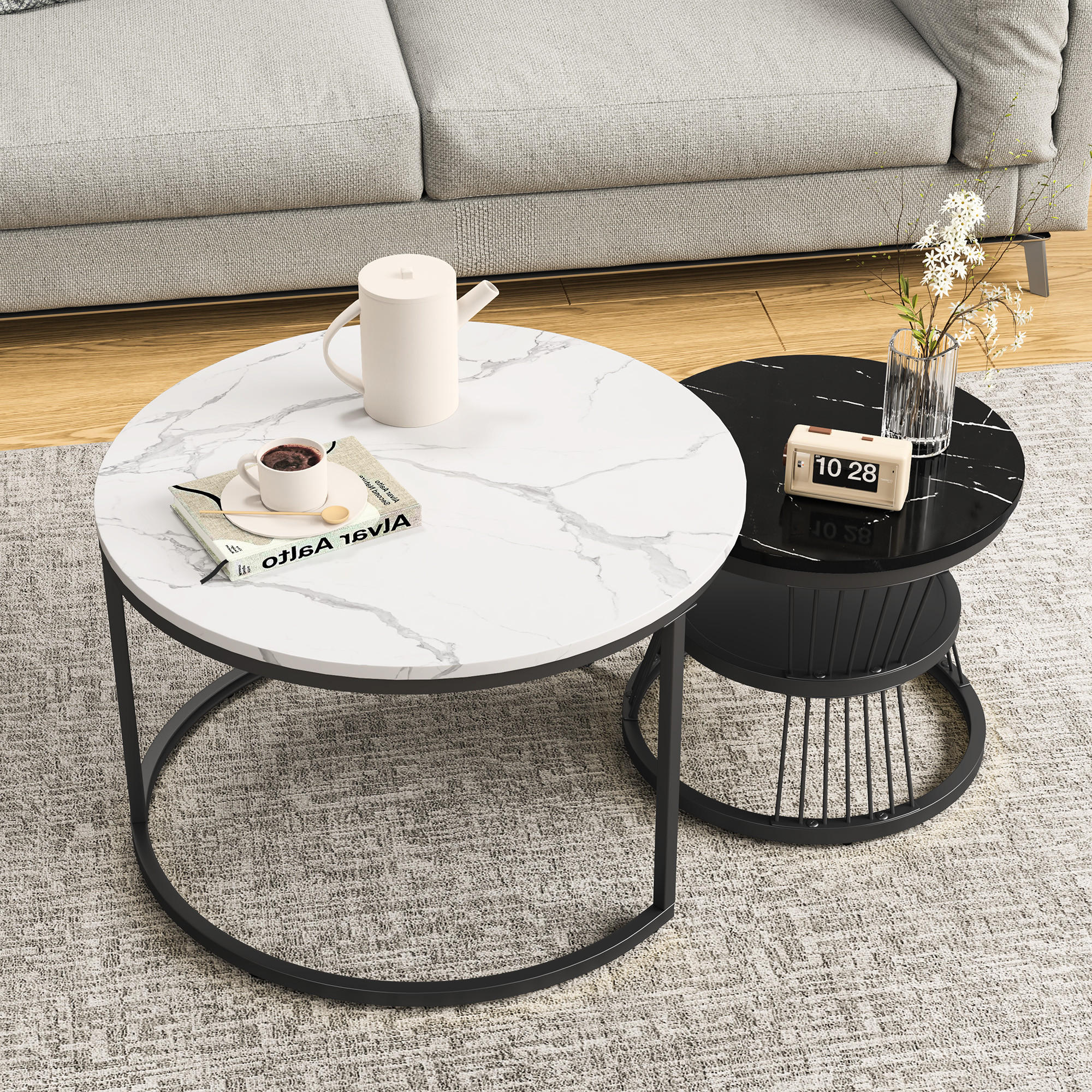 COUCHTISCH 2er Set Beistelltisch Rund, Schwarz/Weiß - Schwarz/Weiß, Metall (70/70/45.5cm)