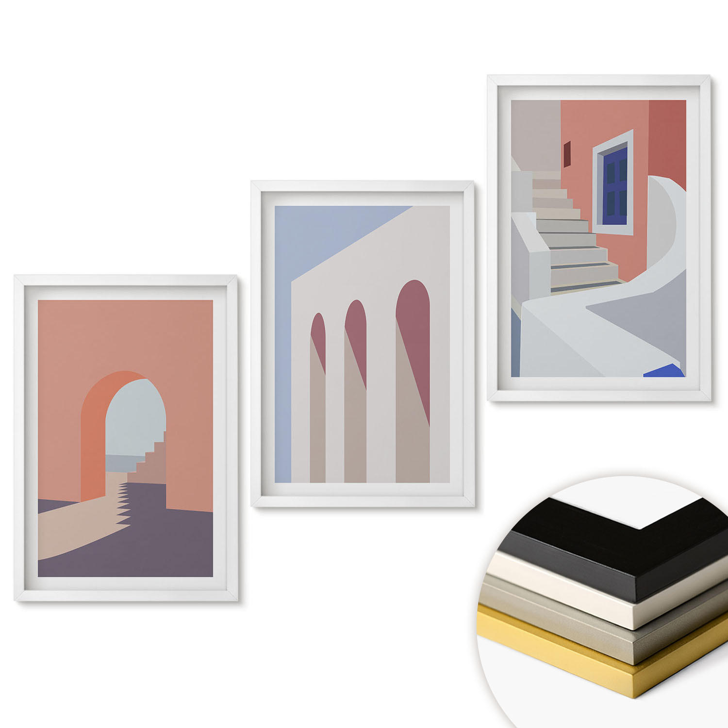 WANDBILDER 3er-Set - 40x60 cm Weißer Rahmen - Minimalistische Architekturillustrationen - Weiß, Kunststoff (40/60cm) - ArtPrintCave