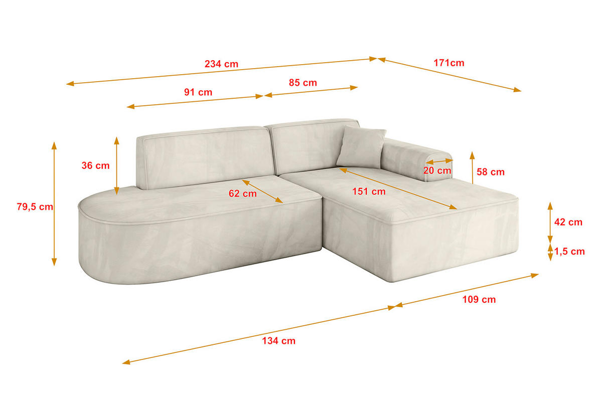 ECKSOFA Ottomane Rechts IREA-L1-v3 - 234x171x79 cm Dunkelgrau - Ecru, Holzwerkstoff/Textil (171/234cm) - ALTDECOR
