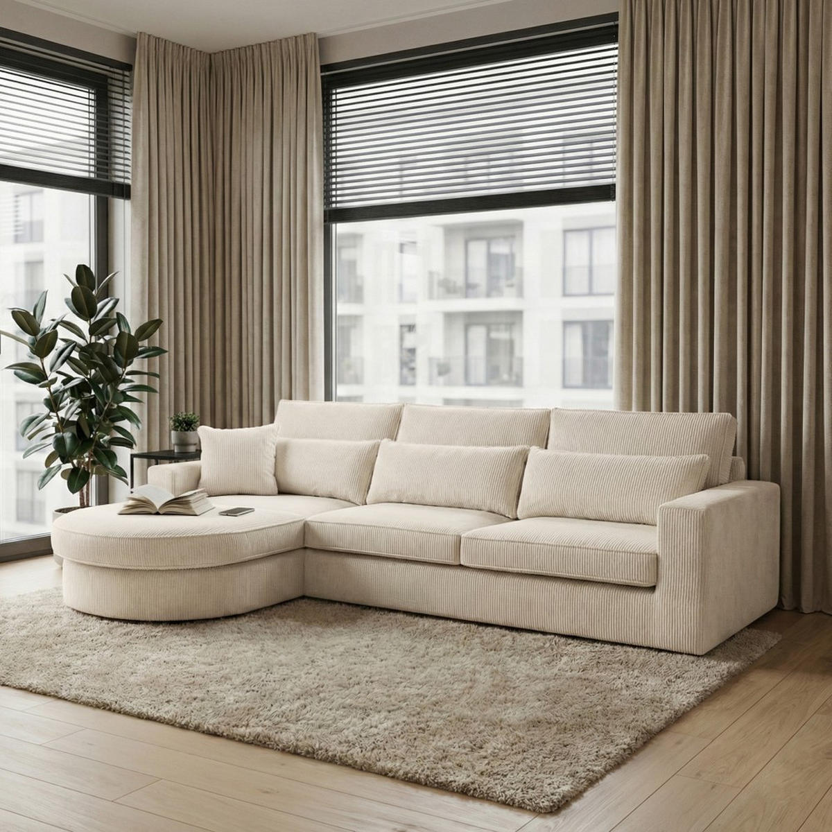 ECKSOFA Pablo ohne Schlaffunktion, mit abgerundeter Ottomane, links, Beige - Beige, Textil (319/196cm) - Beautysofa