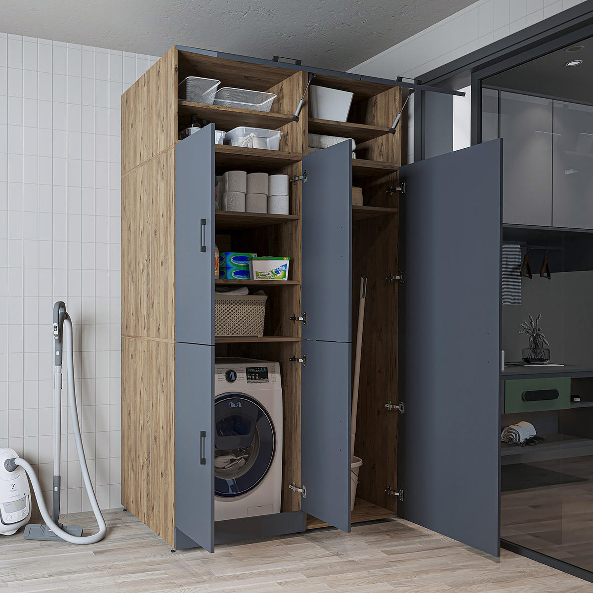 WASCHMASCHINENSCHRANK DORA-II 130cm Breit, 230cm Hoch - Anthrazit, Holzwerkstoff (130/230/73.8cm)
