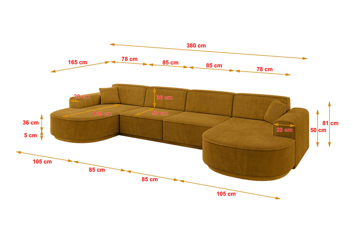 WOHNLANDSCHAFT MARI-U2 - 380x163x81 cm Senfgelb Cord - Gelb/Schwarz, Holzwerkstoff/Kunststoff (380/81/163cm) - ALTDECOR