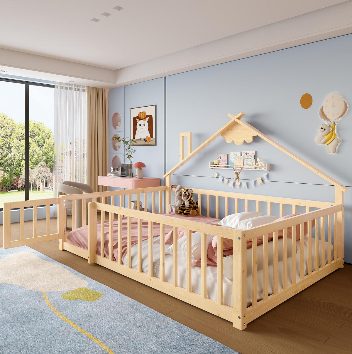 KINDERBETT 140/190 cm aus Kiefern mit Hausrahmen, Schutzgeländer und Verschluss, Natur - Naturfarben, Holzwerkstoff (140/190cm) - Redom