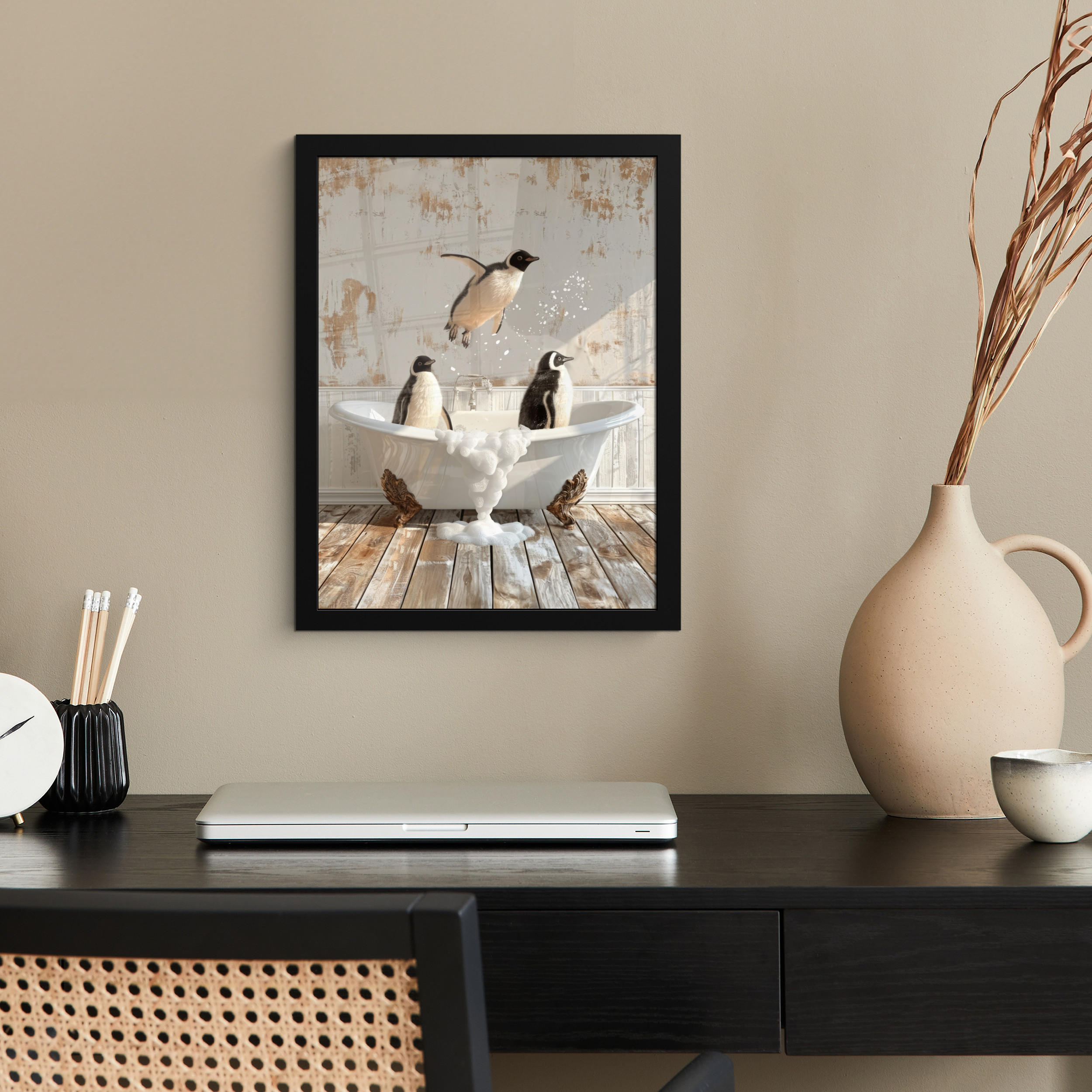 GERAHMTES BILD Vintage - Pinguin - Badewanne - Schaumstoff 30x40 cm - Schwarz, Papier (30/40cm) - MuchoWow