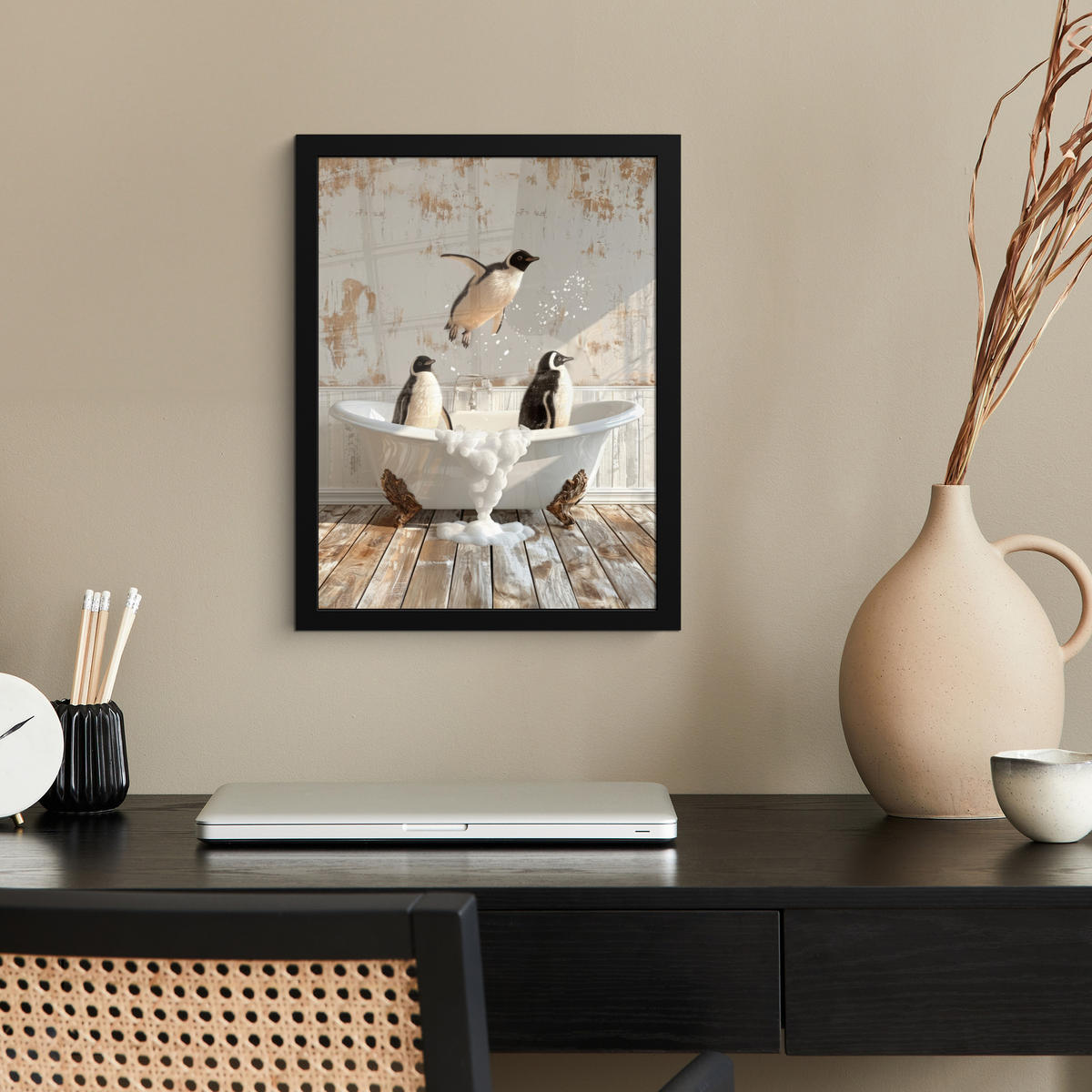 GERAHMTES BILD Vintage - Pinguin - Badewanne - Schaumstoff 30x40 cm - Schwarz, Papier (30/40cm) - MuchoWow