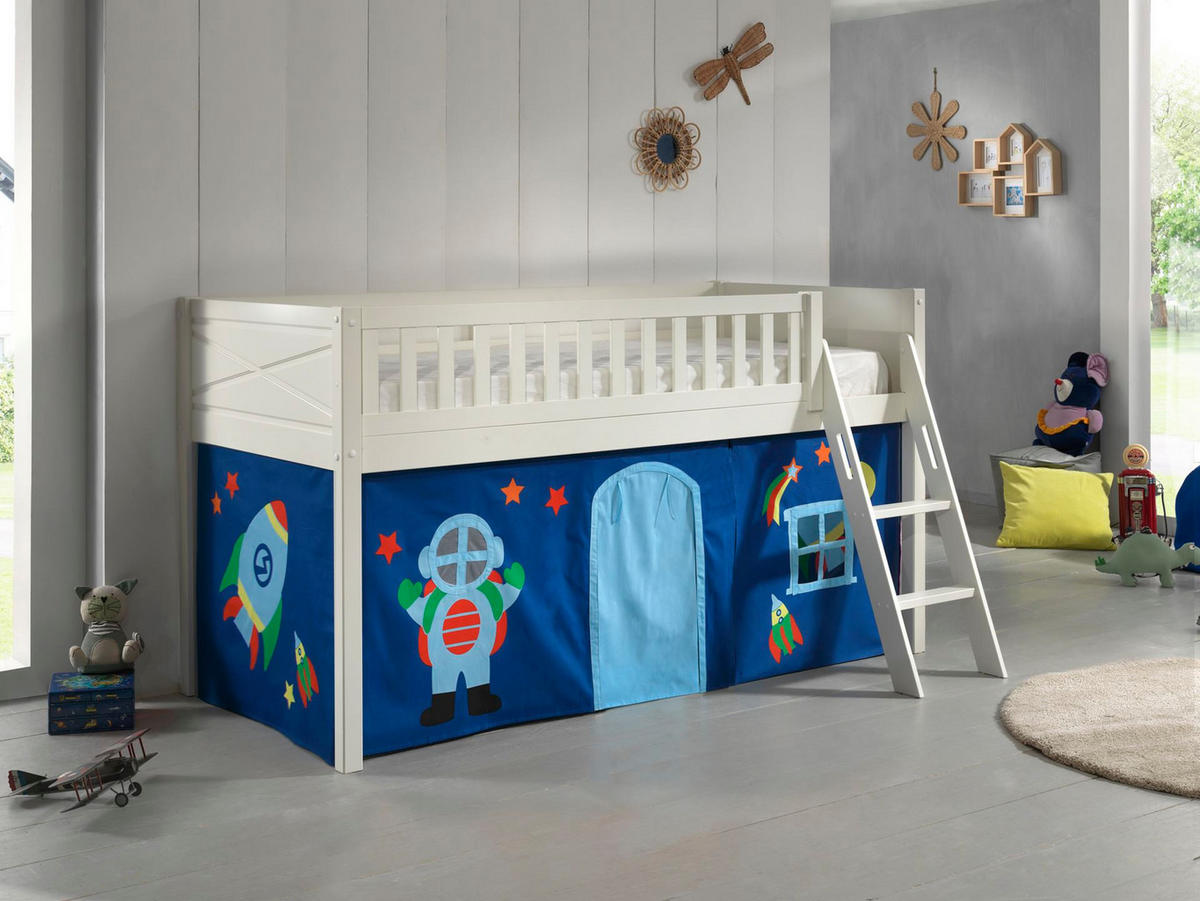 KINDERBETT Karyl 208x114x135 Massivholz Weiß Textilset Astro 1 - Blau/Weiß, Holz (90/200cm) - 58aufmkessel