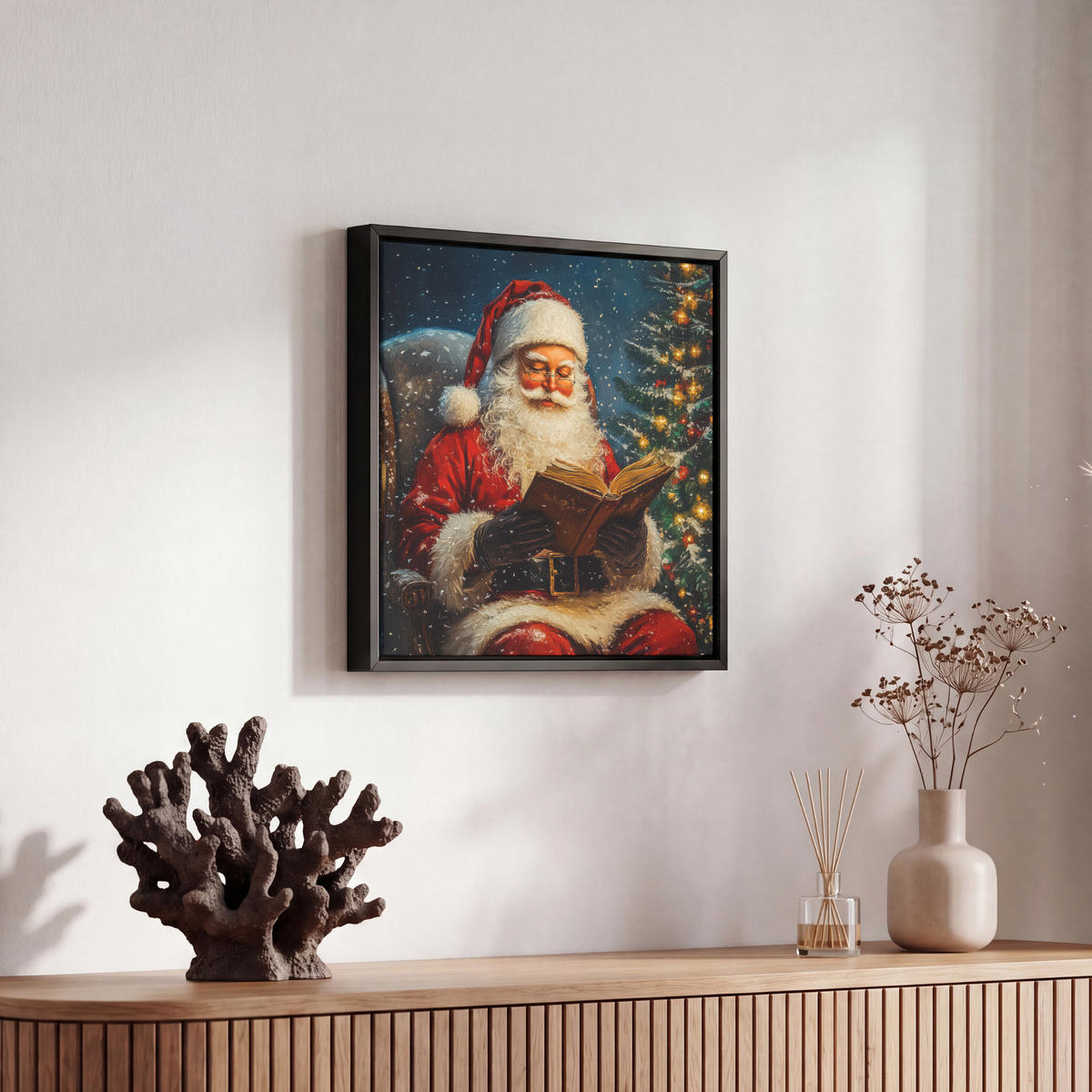 LEINWAND Bilder mit Rahmen - Weihnachtsmann - Weihnachten - Winter - Weihnachtsbaum - 20x20 - Bordeaux, Textil (20/20cm) - MuchoWow