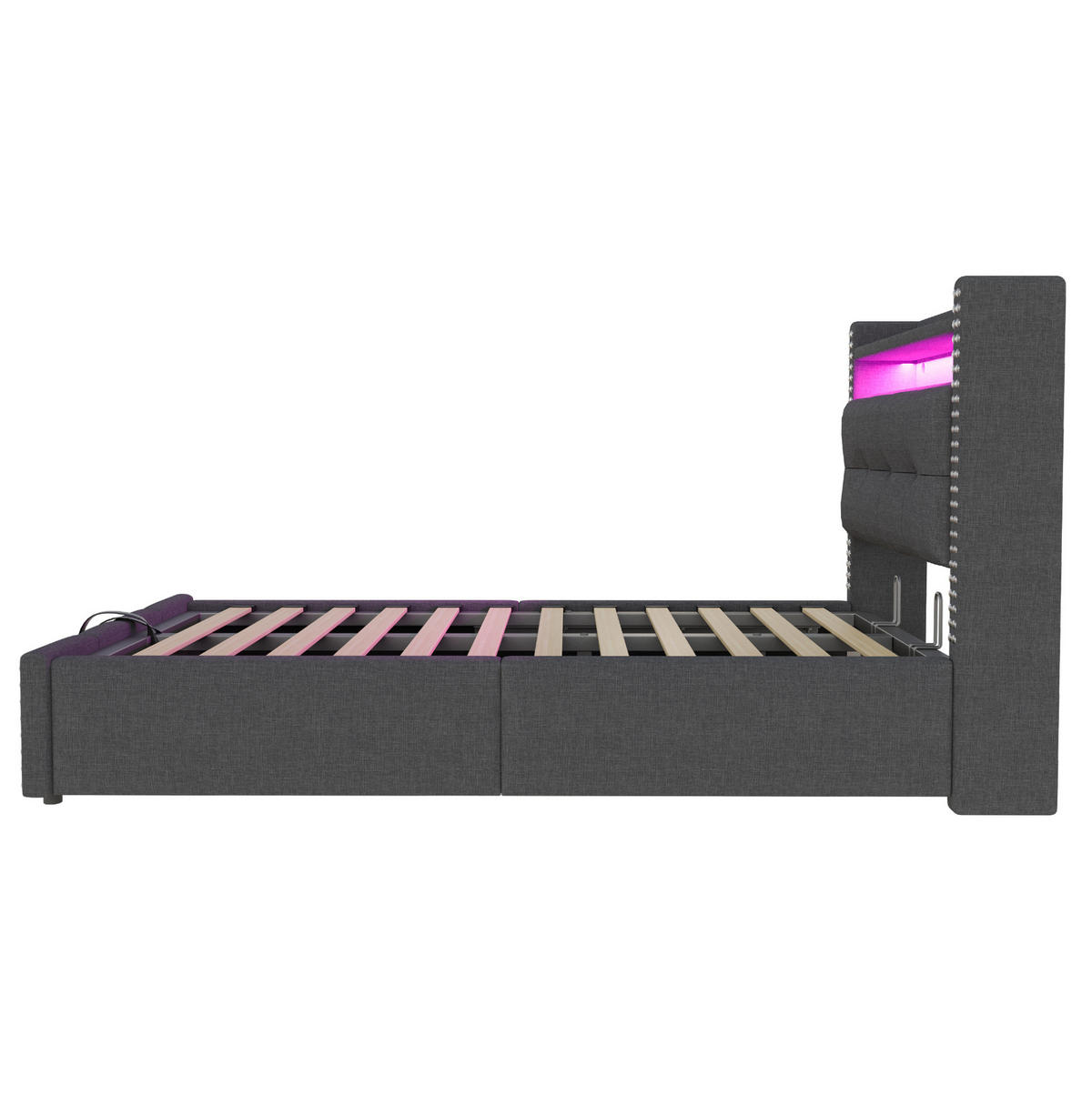 POLSTERBETT mit Stauraum, LED und USB 90x200 cm Leinenstoff Grau - Grau, Metall (90/200cm) - Beauniv