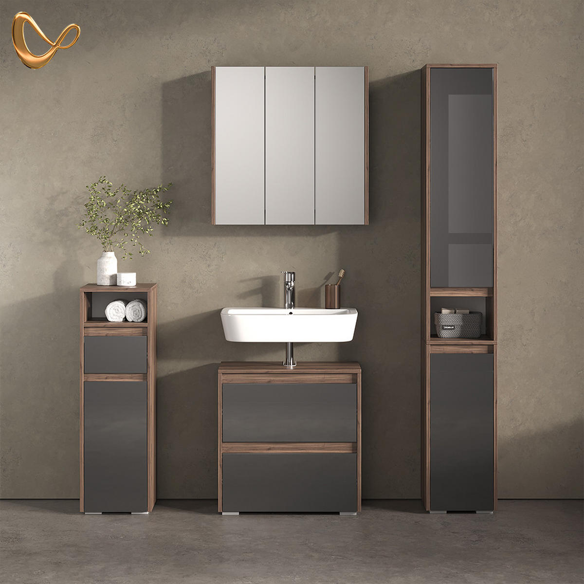 BADMÖBEL-SET Savuto Anthrazit 4 Teile - Anthrazit/Walnussfarben, Holzwerkstoff (60/62/30cm) - Livinity®