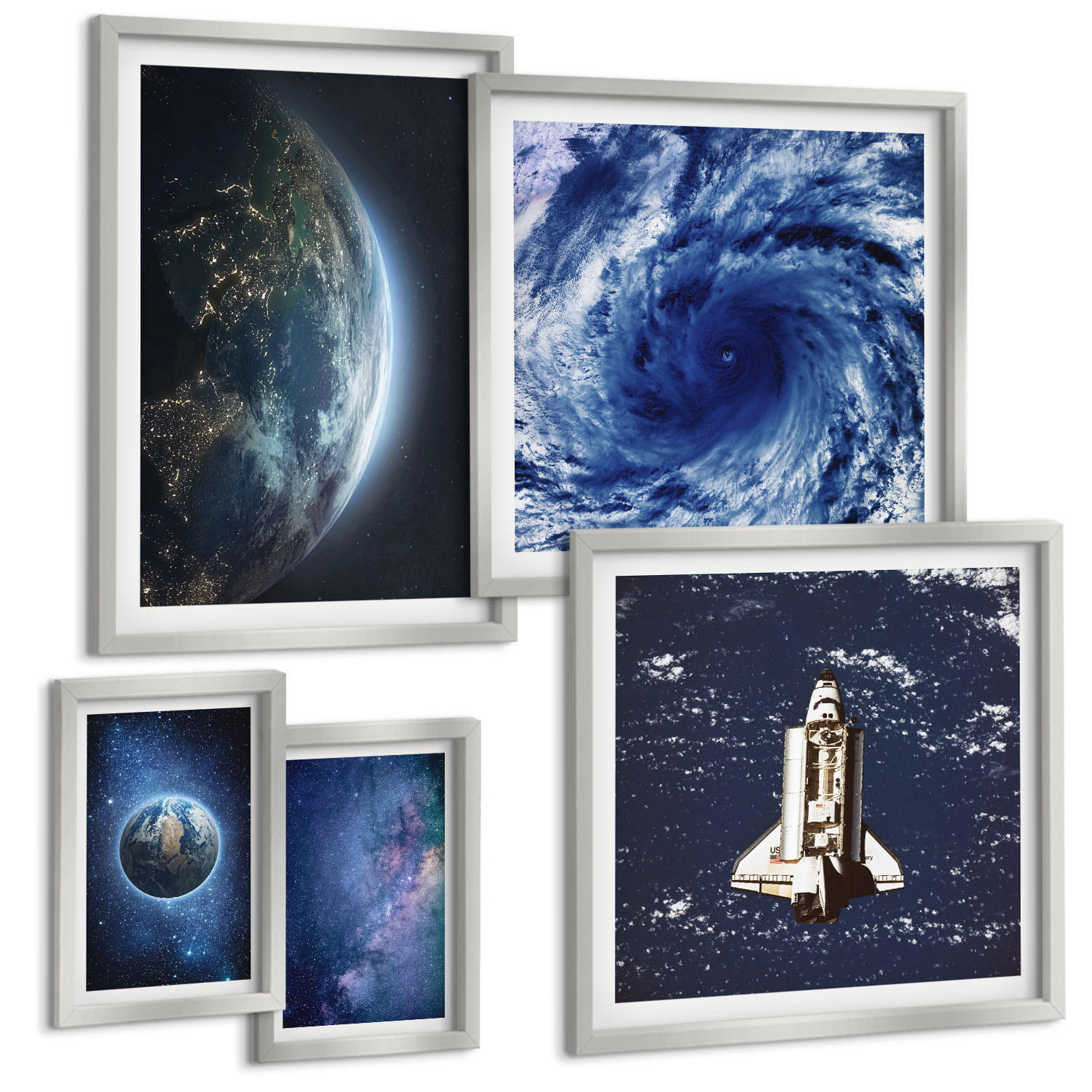 BILDER SET 5er Set - 50x50 cm & 20x30 cm & 40x60 cm Silberner Rahmen - Erde Weltraumsturm Galaxie - Silberfarben, Kunststoff (40/60cm) - TULUP