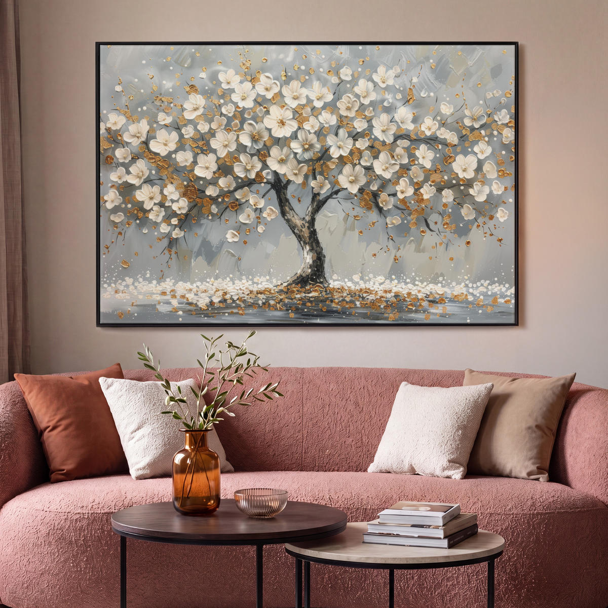 LEINWAND Bilder mit Rahmen - Baum - Blumen - Weiß - Natur - Kunst - 150x100 - Weiß, Textil (150/100cm) - MuchoWow